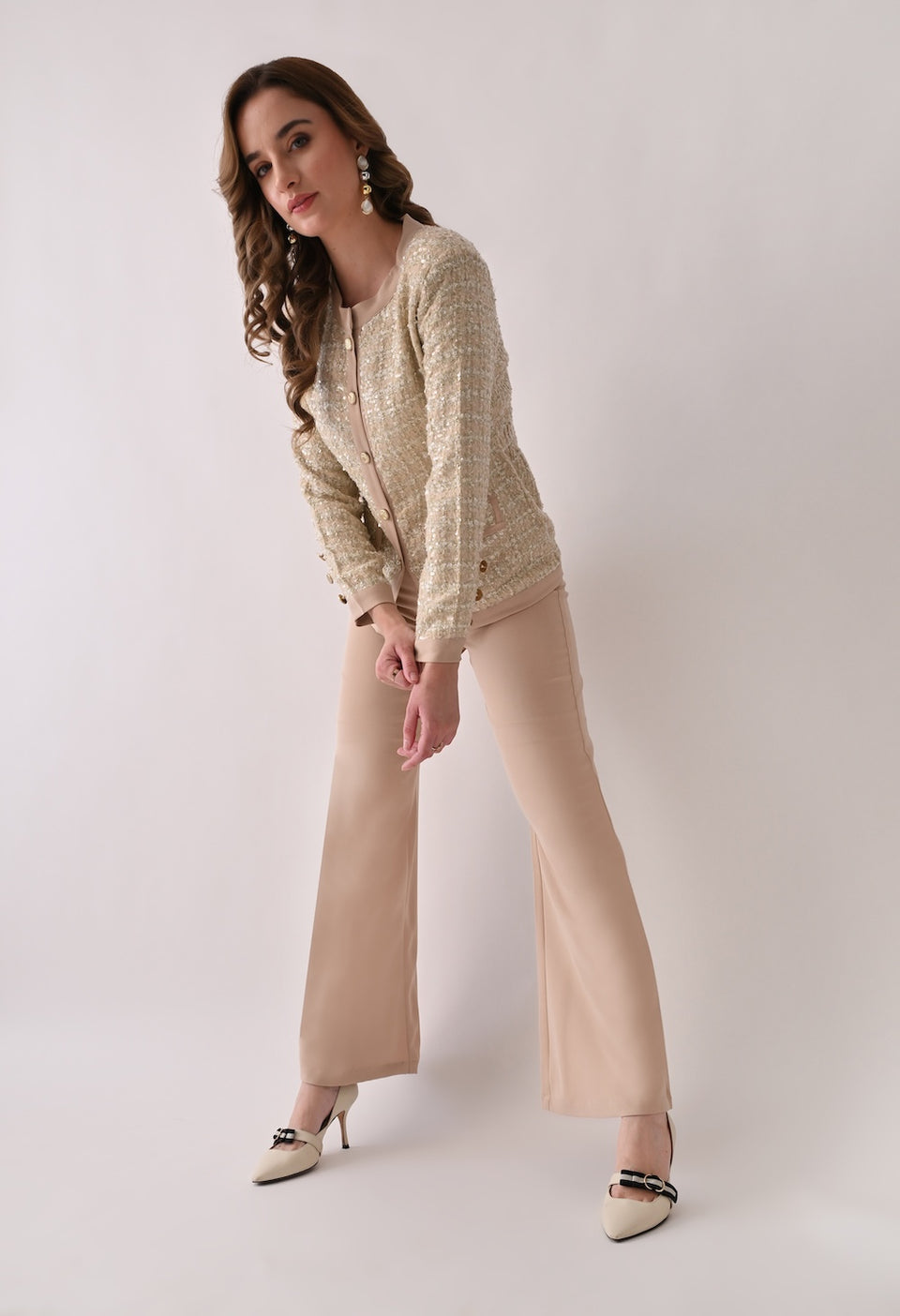 Beige tweed blazer with matching trousers