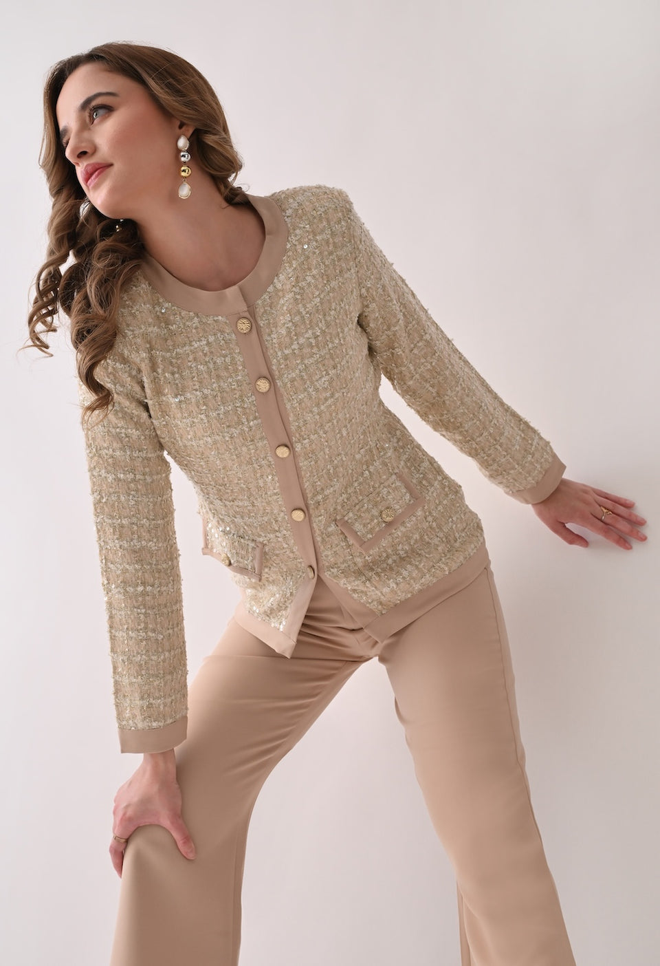 Beige tweed blazer with matching trousers