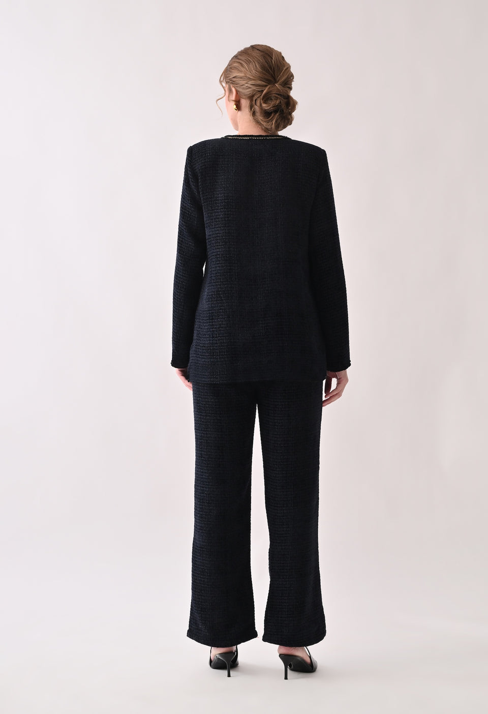 Navy blue tweed coord with lace detailing