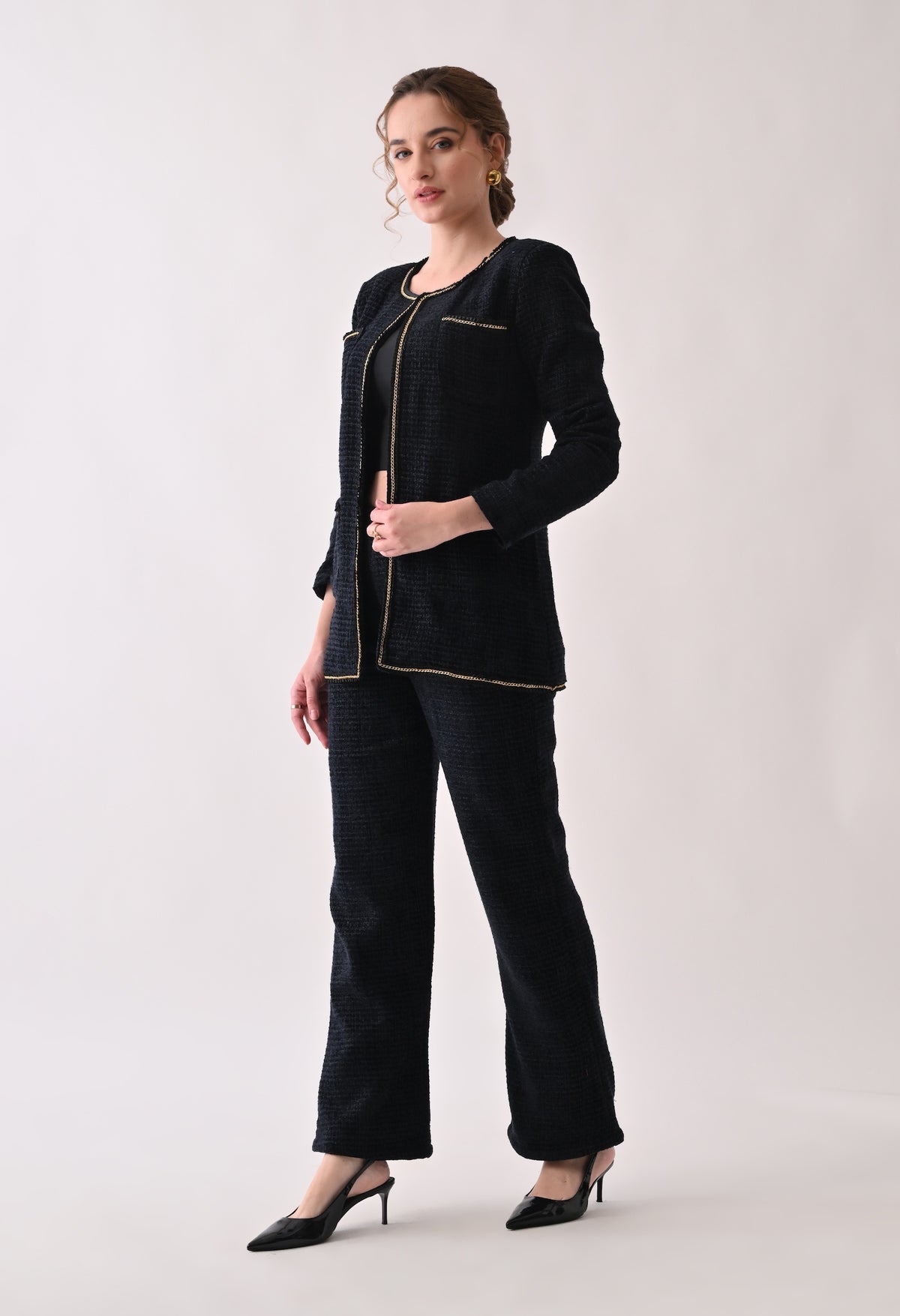 Navy blue tweed coord with lace detailing