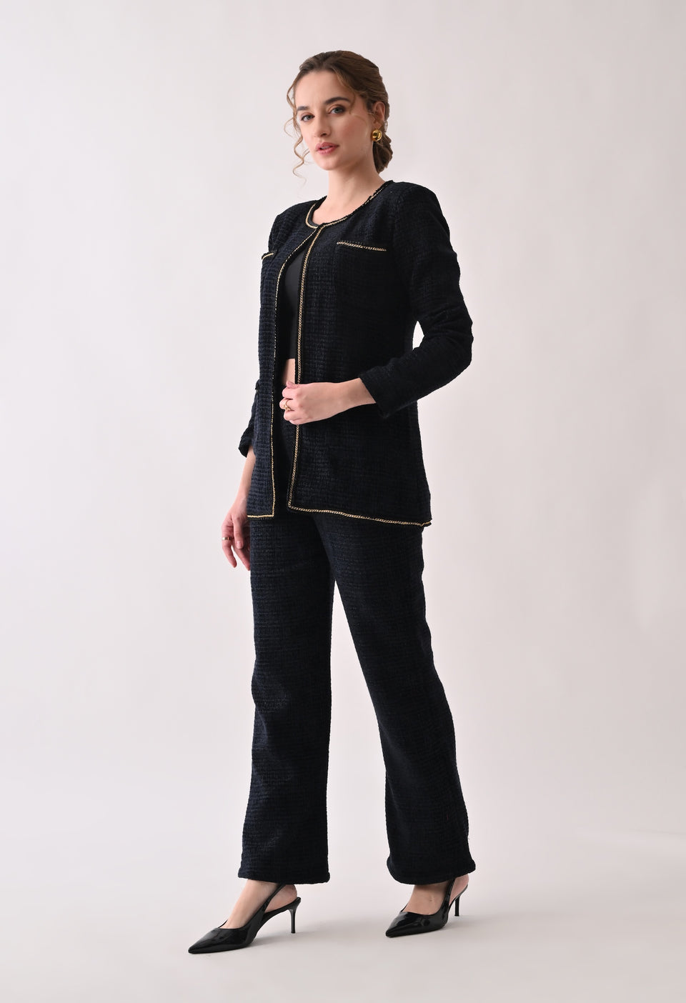 Navy blue tweed coord with lace detailing