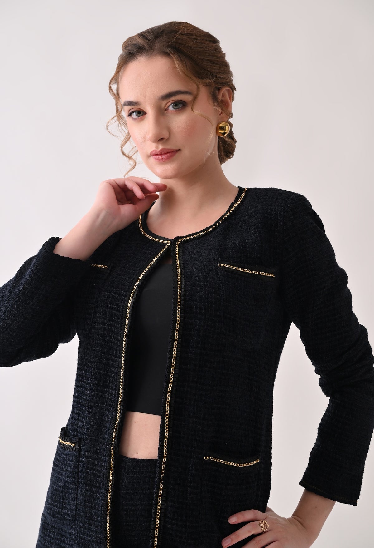 Navy blue tweed coord with lace detailing