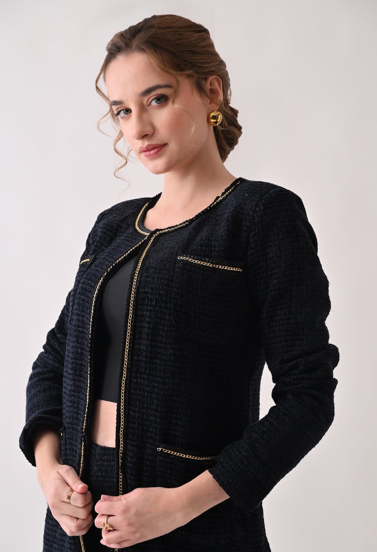 Navy blue tweed coord with lace detailing