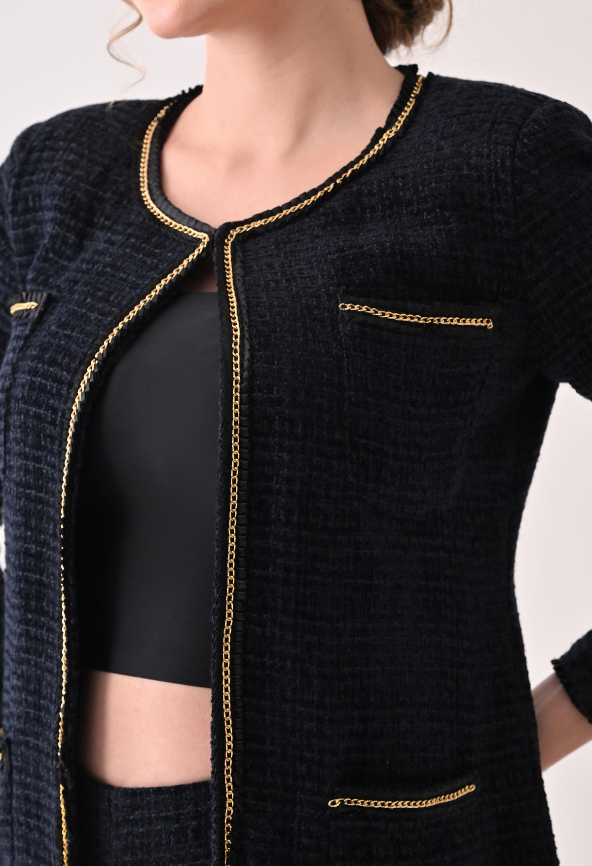 Navy blue tweed coord with lace detailing