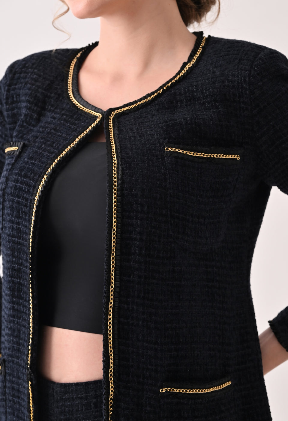 Navy blue tweed coord with lace detailing