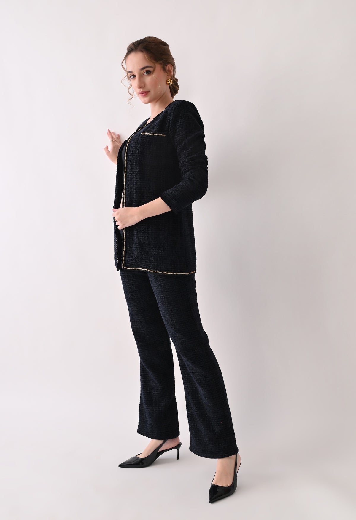 Navy blue tweed coord with lace detailing