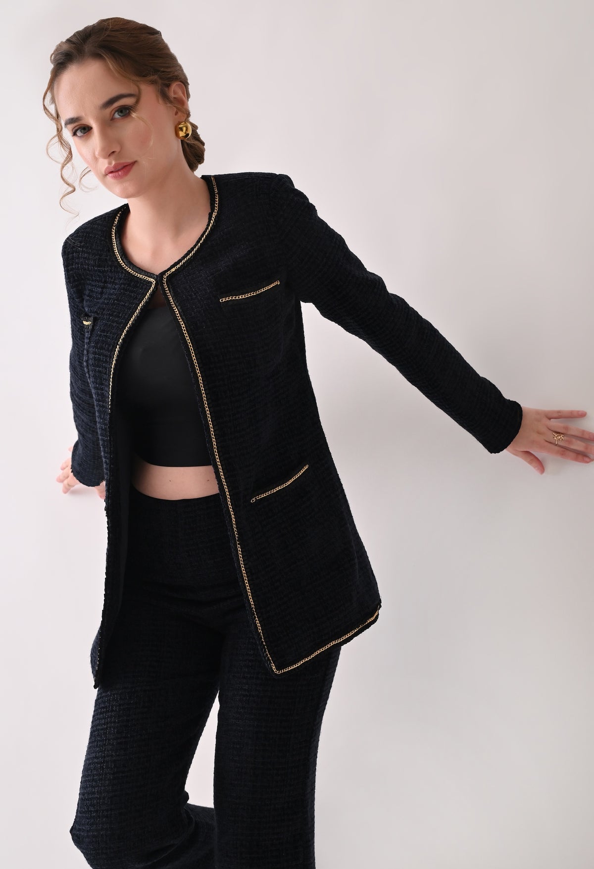 Navy blue tweed coord with lace detailing