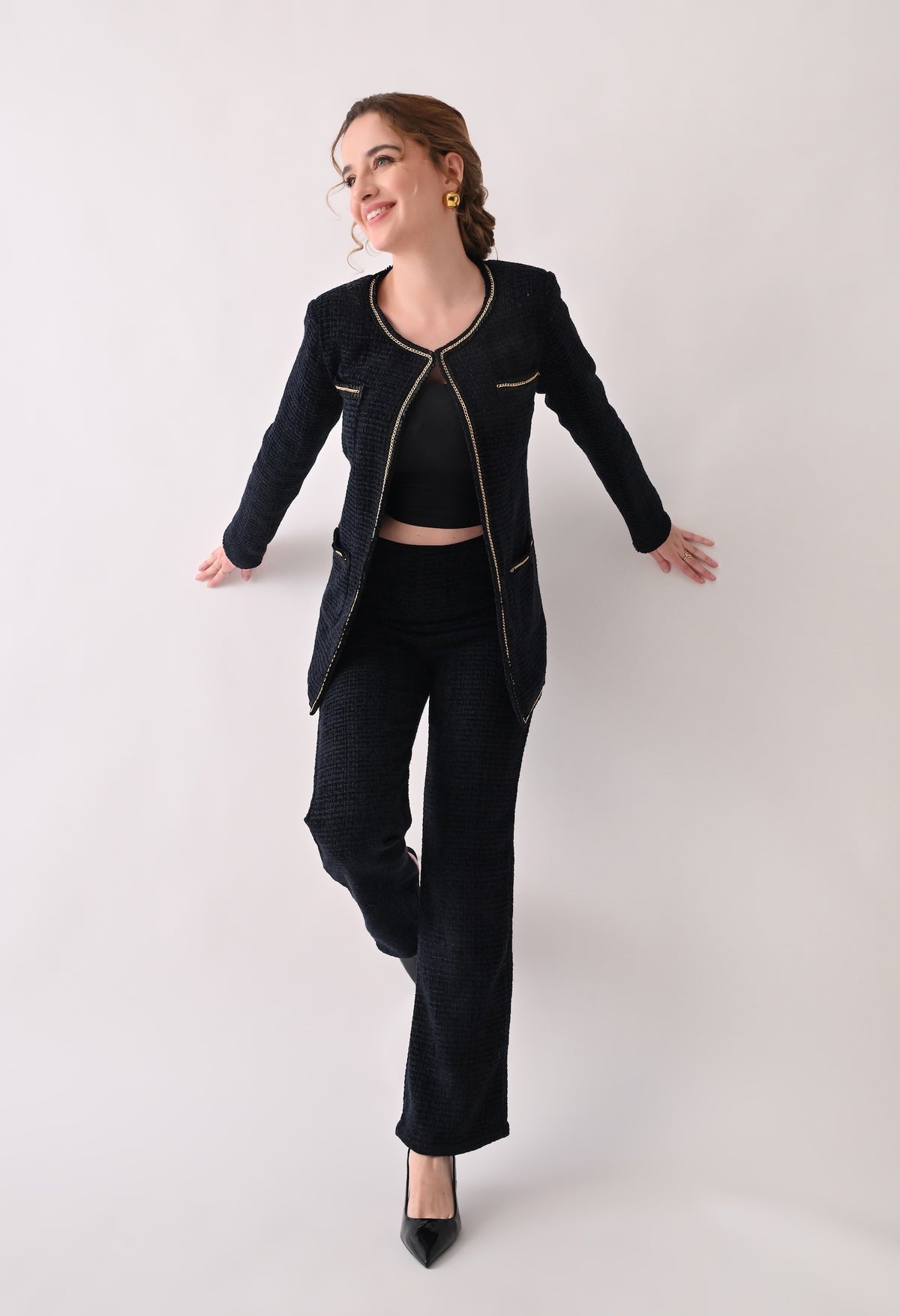 Navy blue tweed coord with lace detailing