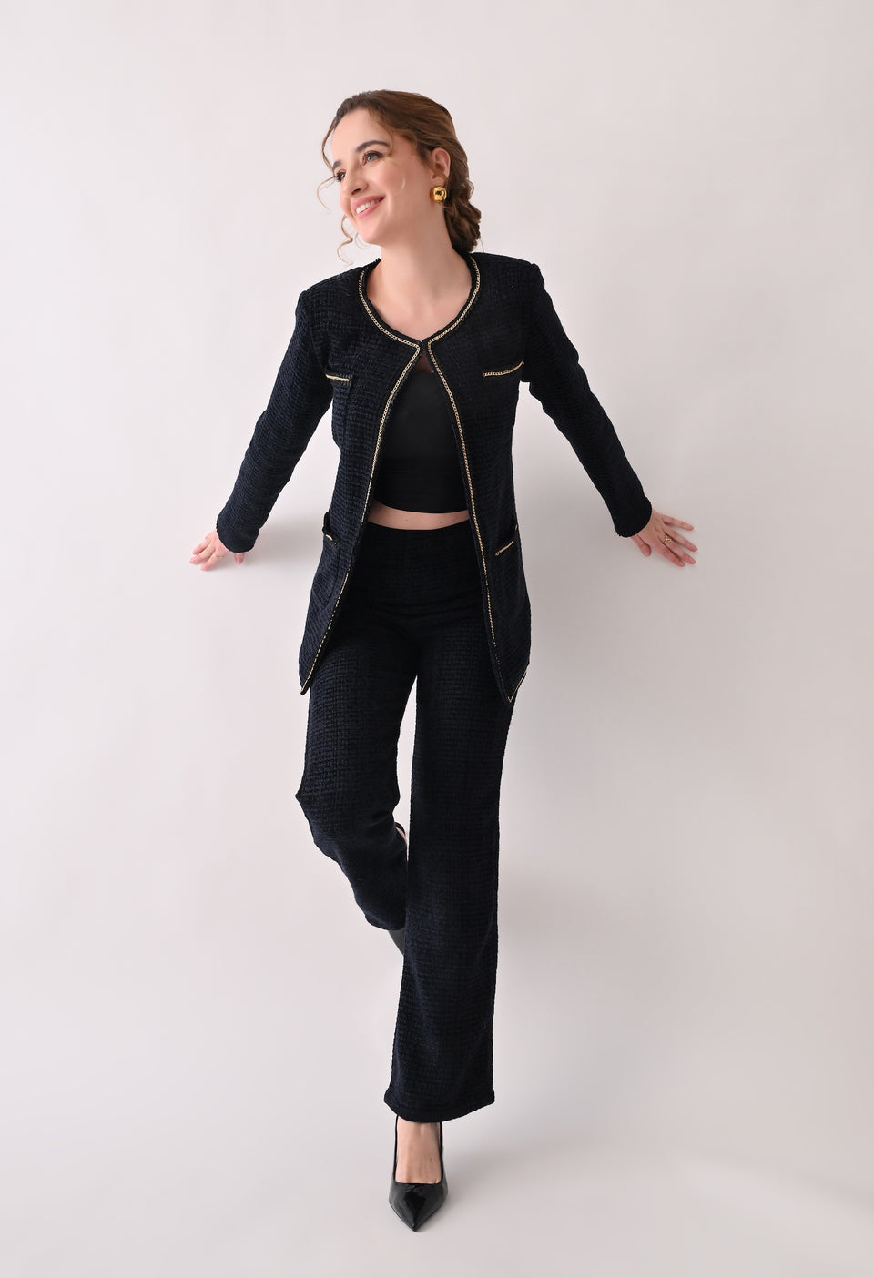 Navy blue tweed coord with lace detailing