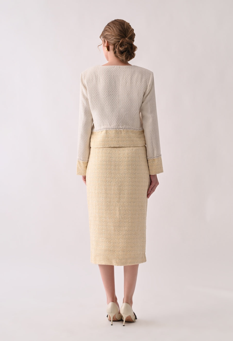 Classic chic white and yellow tweed set