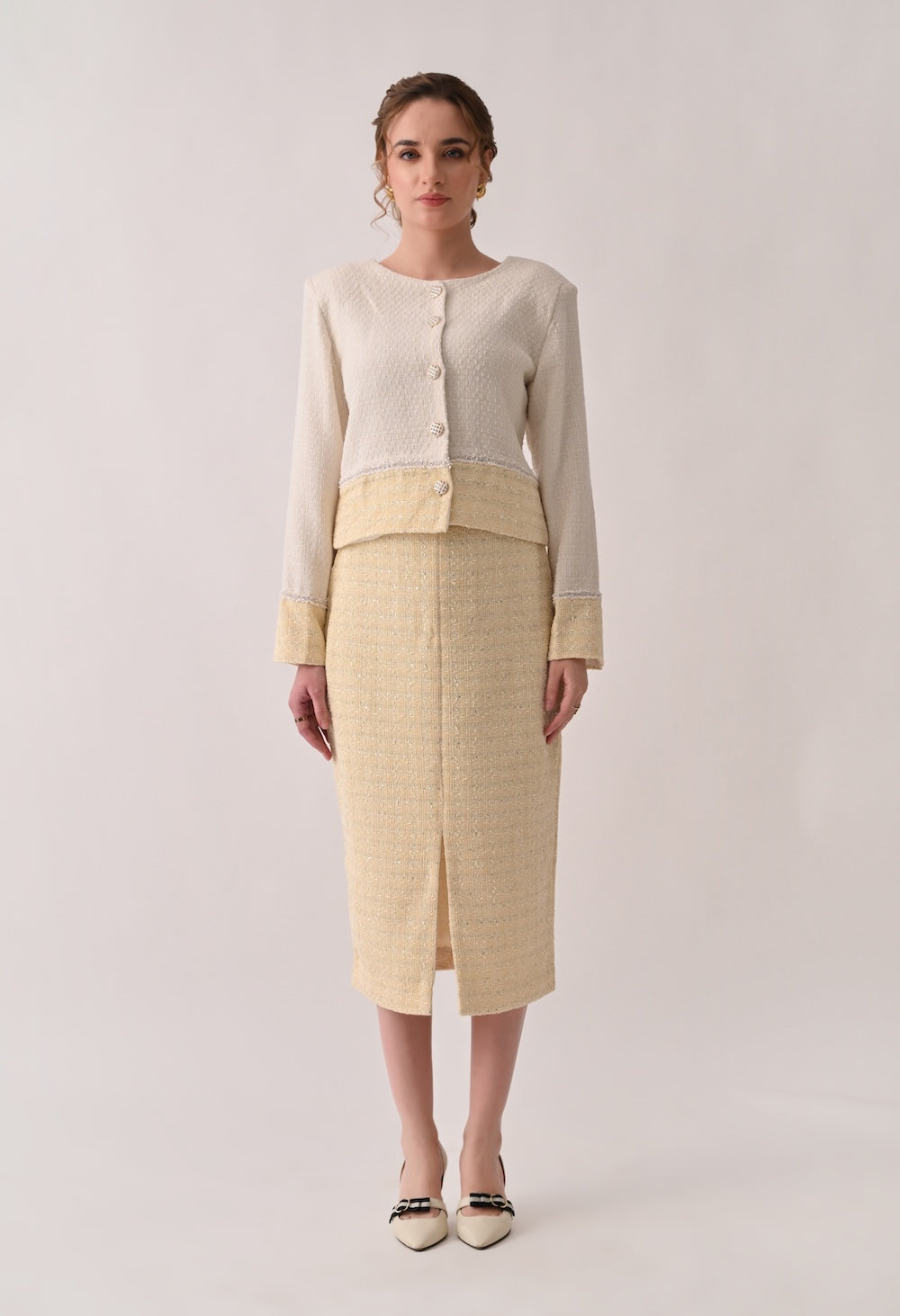 Classic chic white and yellow tweed set