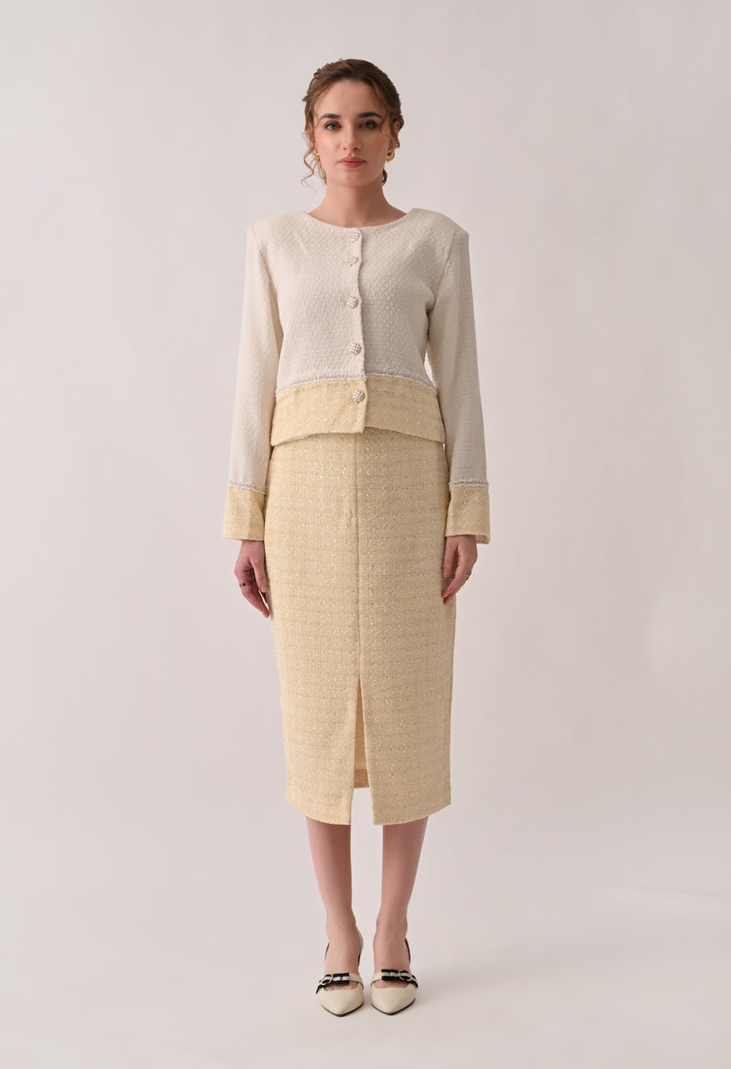 Classic chic white and yellow tweed set