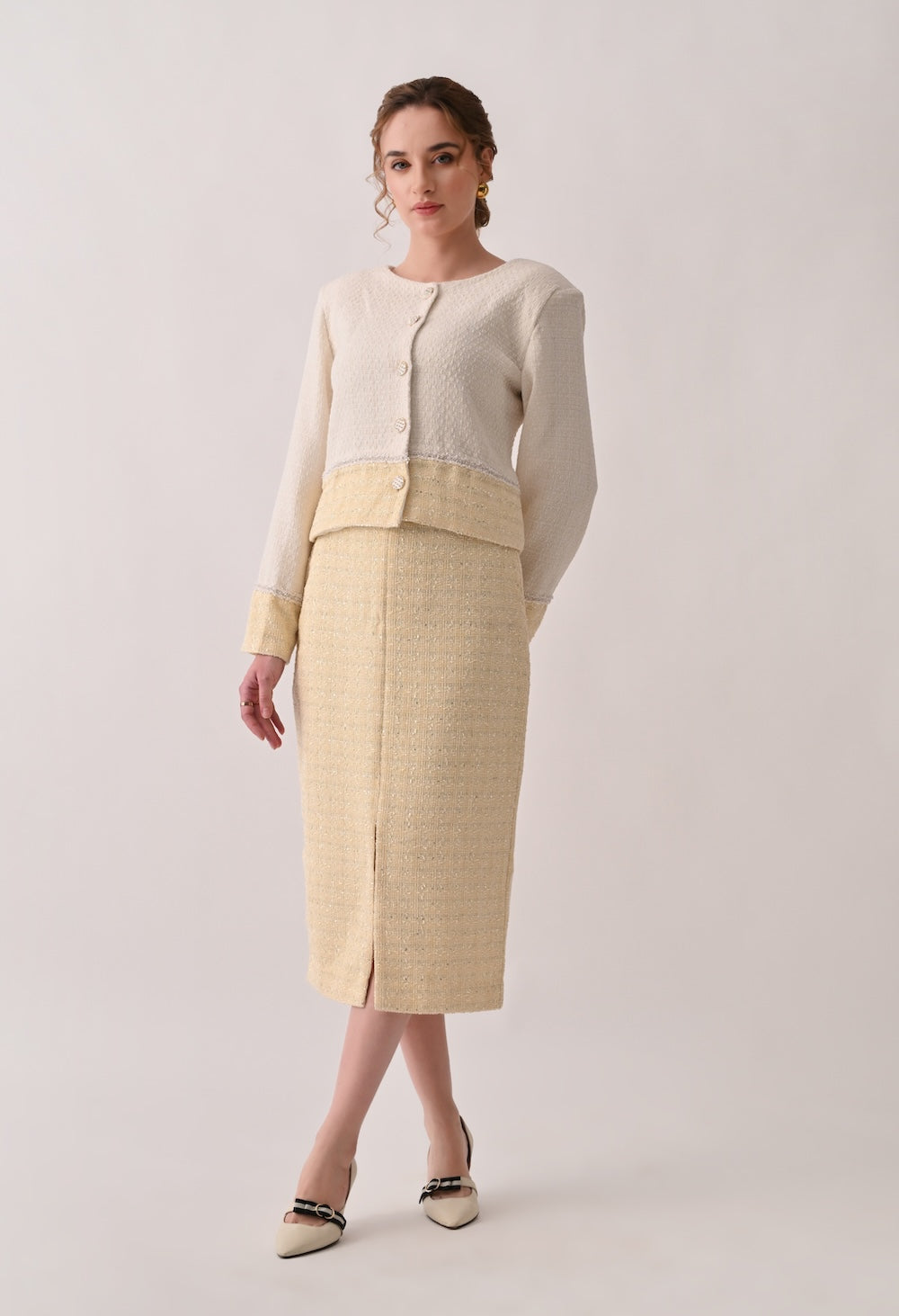 Classic chic white and yellow tweed set