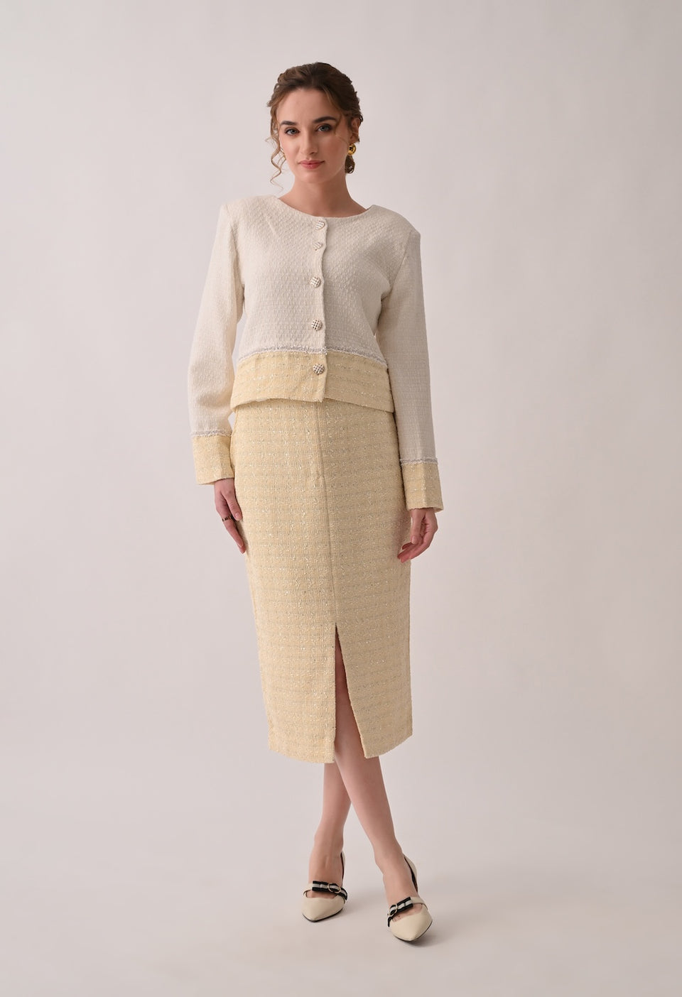 Classic chic white and yellow tweed set