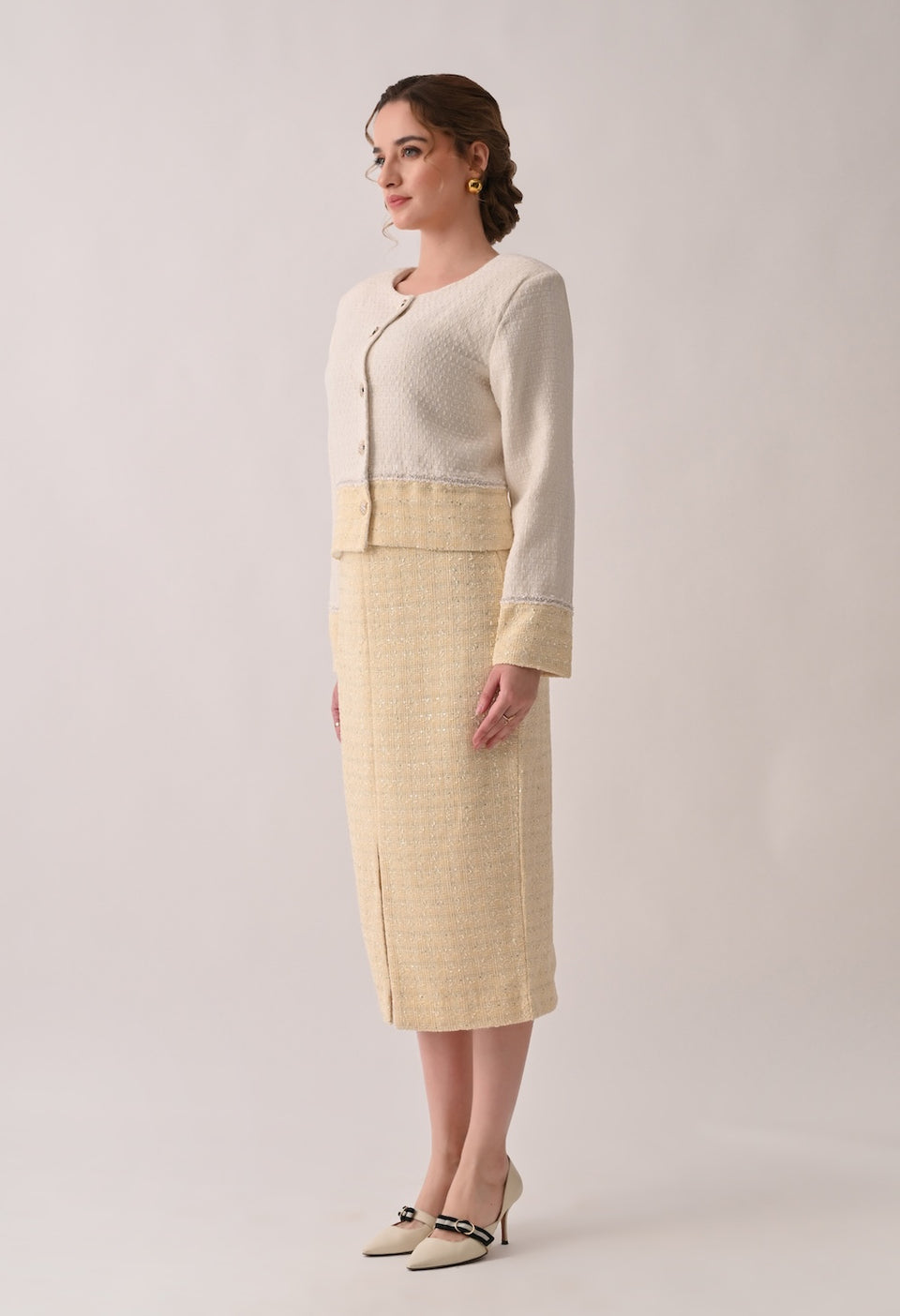 Classic chic white and yellow tweed set