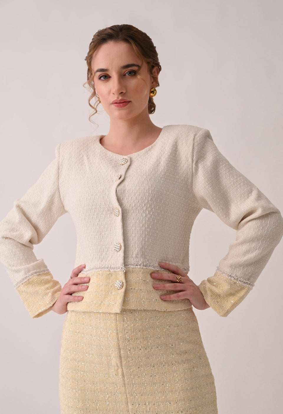 Classic chic white and yellow tweed set