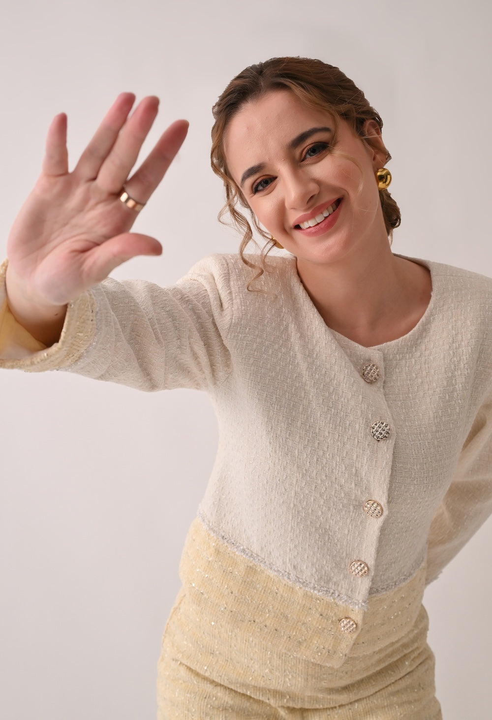 Classic chic white and yellow tweed set