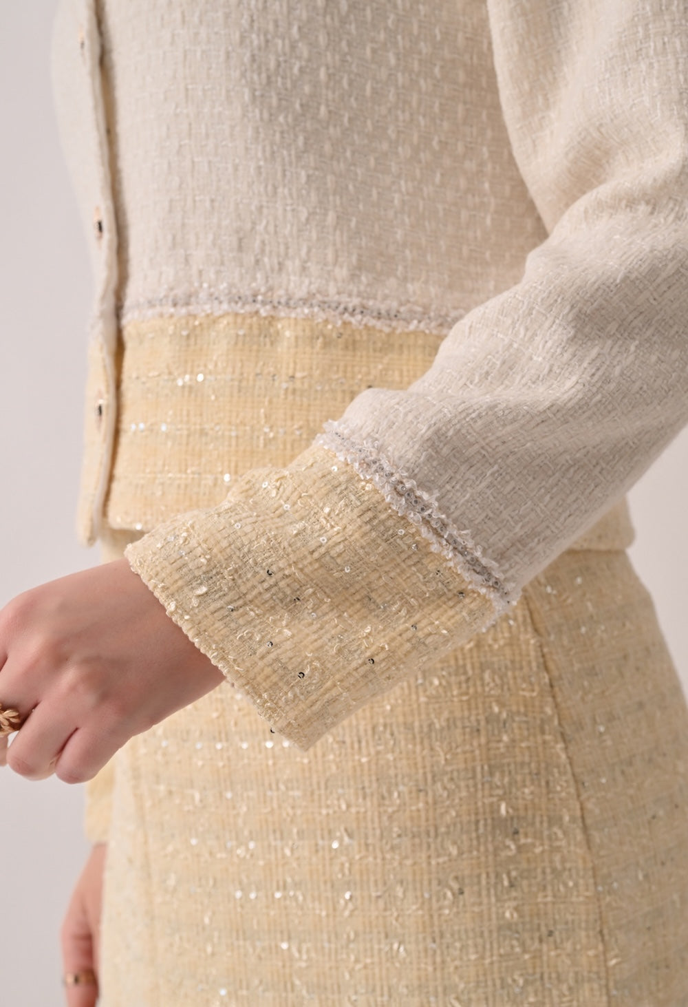 Classic chic white and yellow tweed set
