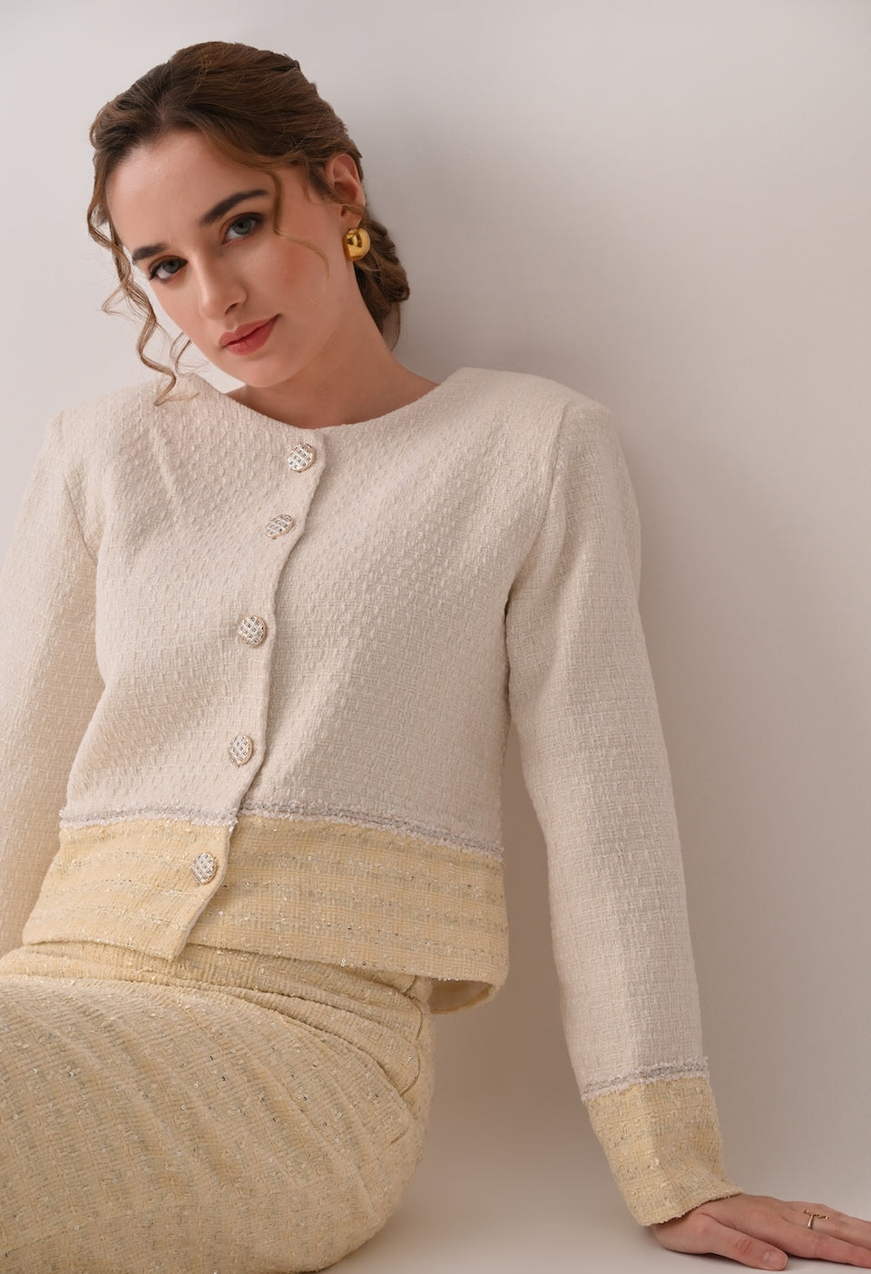 Classic chic white and yellow tweed set