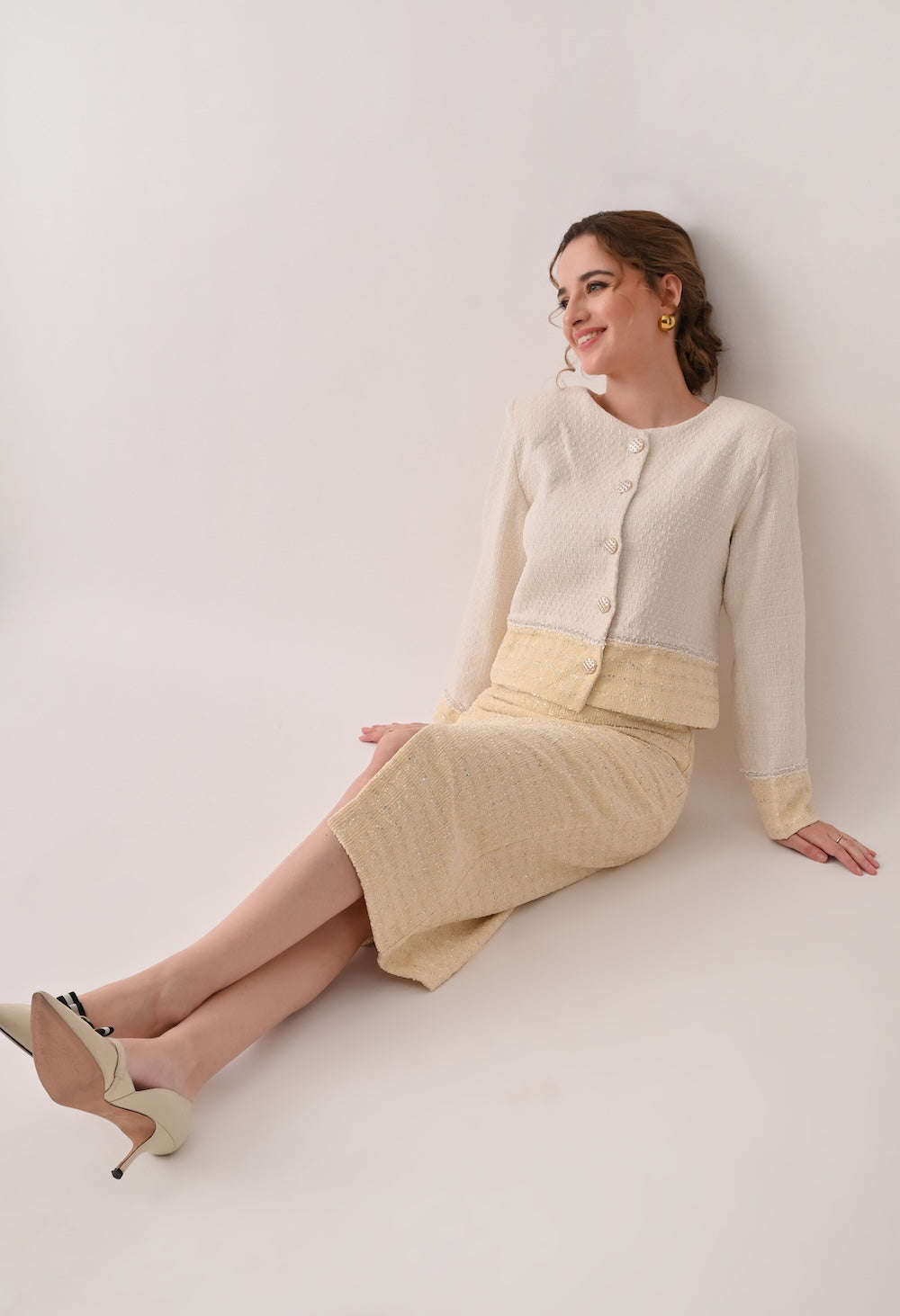 Classic chic white and yellow tweed set