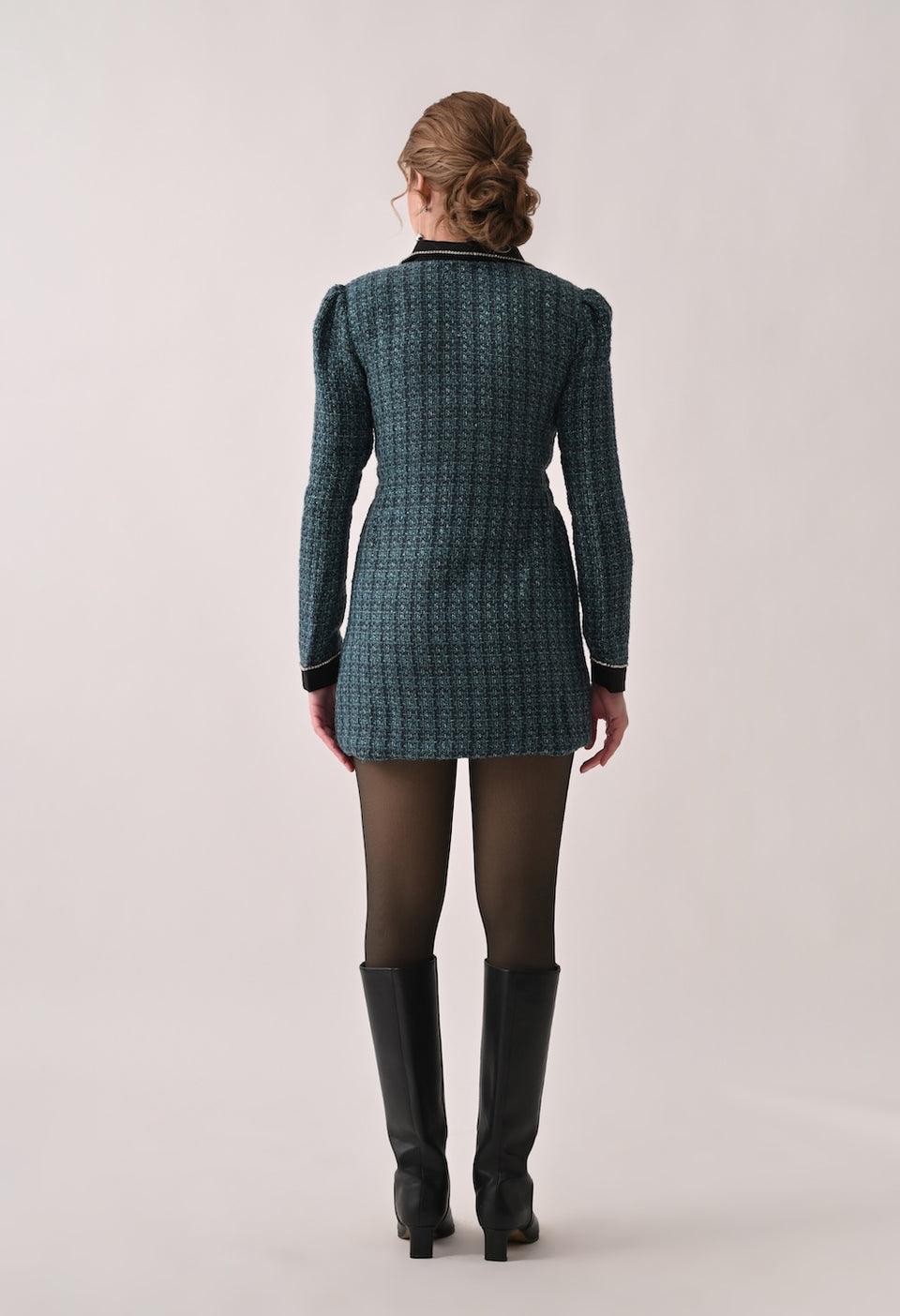 Green tweed blazer dress with contrasting black collar and cuffs