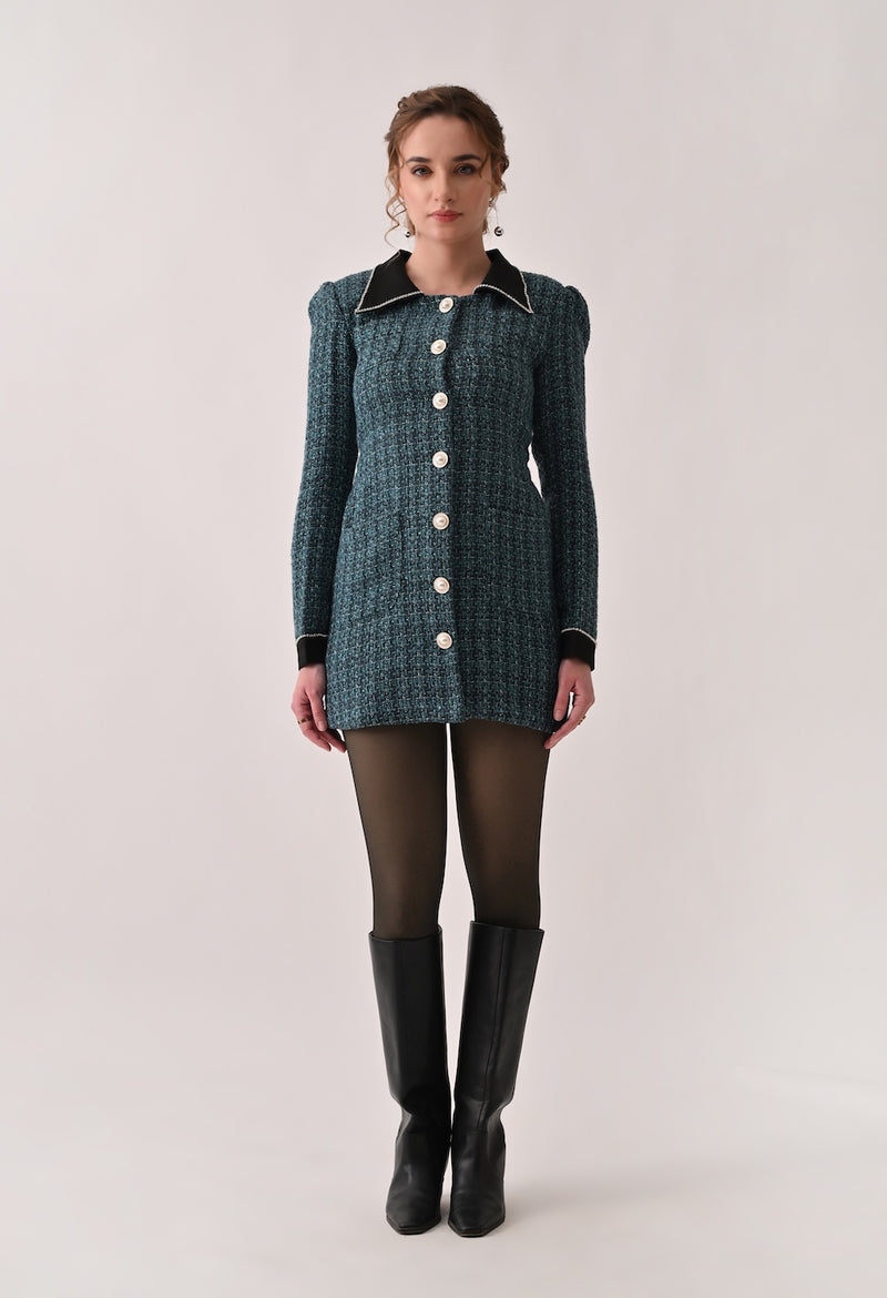 Green tweed blazer dress with contrasting black collar and cuffs