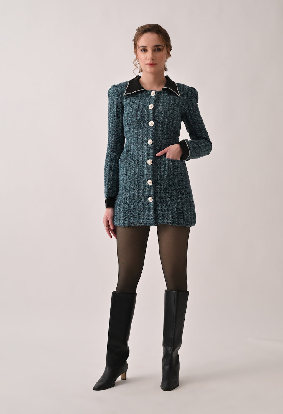 Green tweed blazer dress with contrasting black collar and cuffs