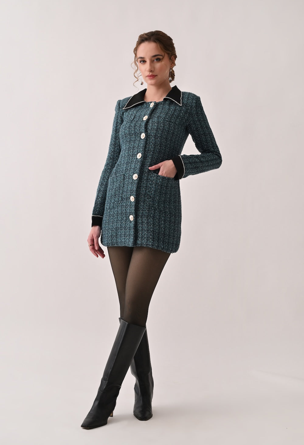 Green tweed blazer dress with contrasting black collar and cuffs