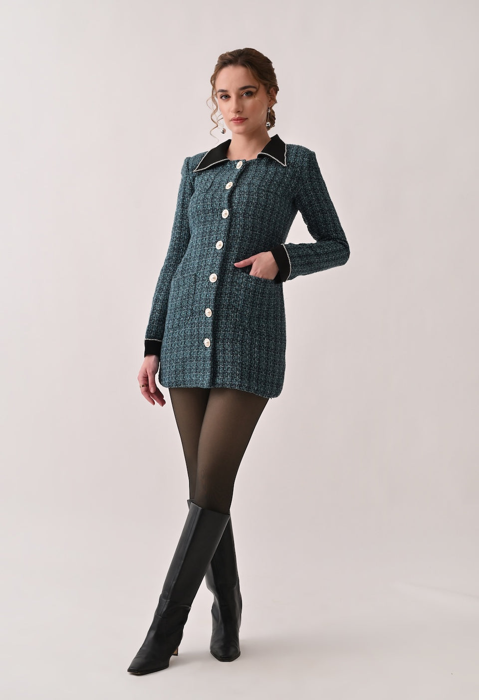 Green tweed blazer dress with contrasting black collar and cuffs