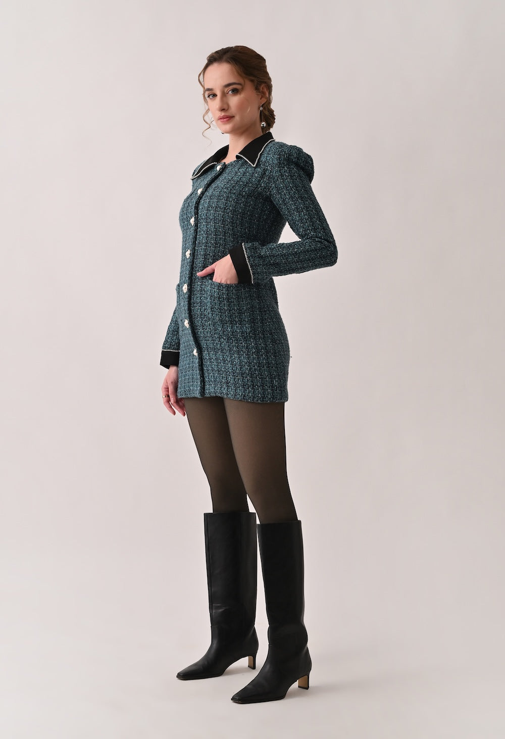 Green tweed blazer dress with contrasting black collar and cuffs