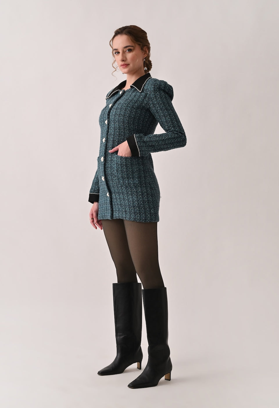 Green tweed blazer dress with contrasting black collar and cuffs