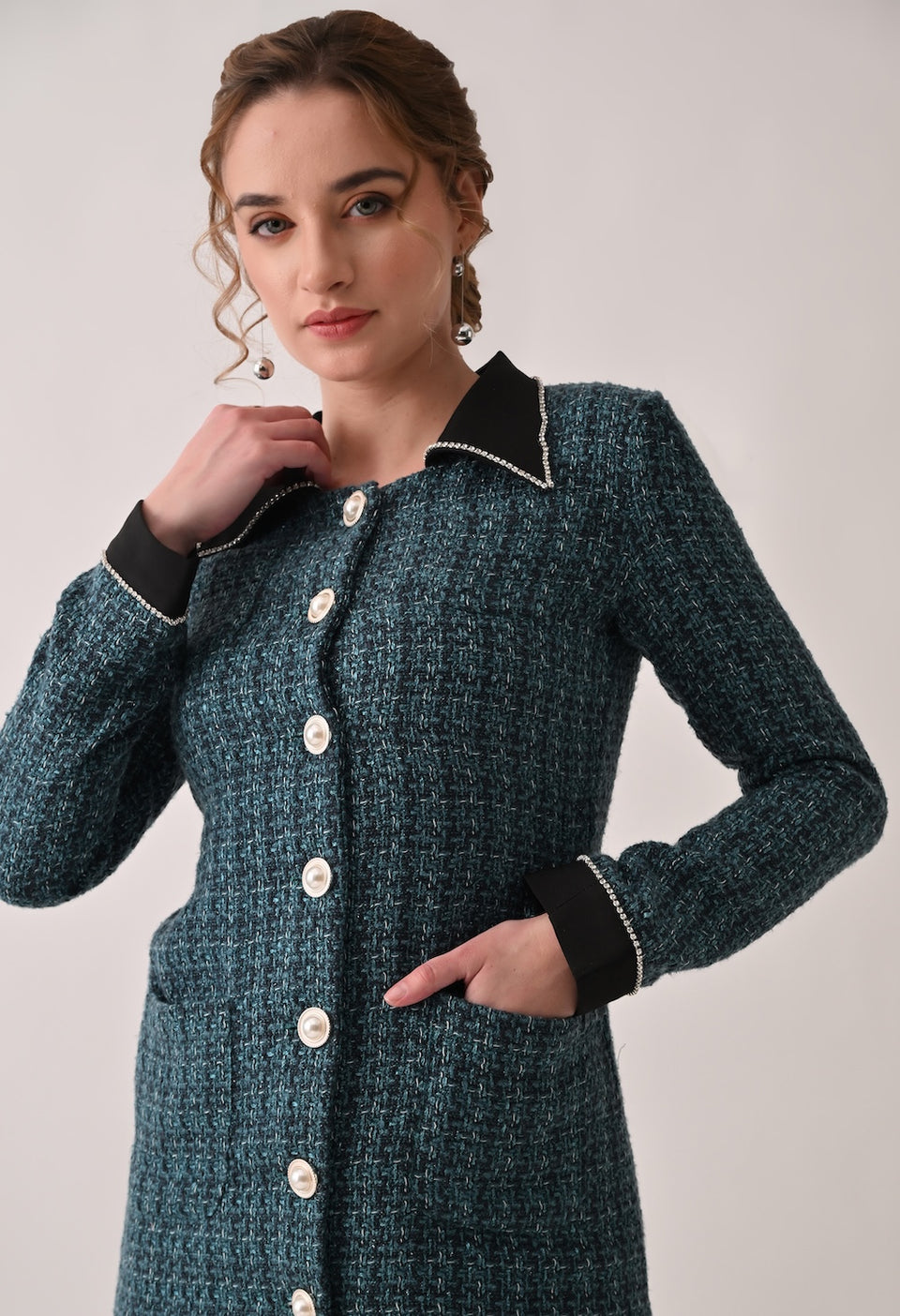 Green tweed blazer dress with contrasting black collar and cuffs