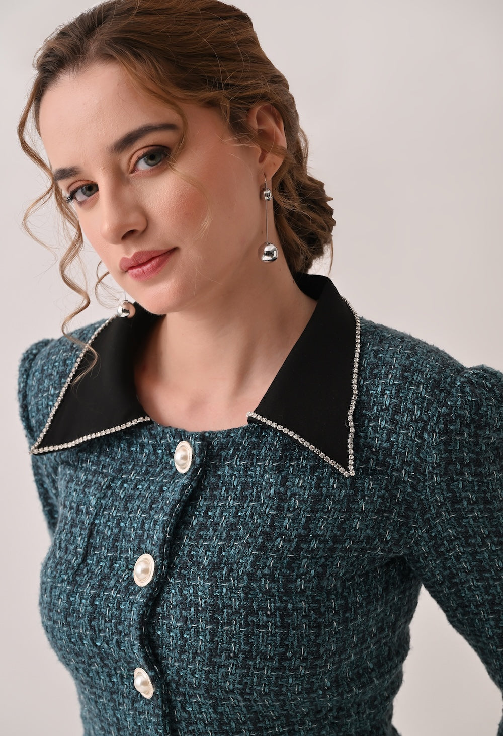 Green tweed blazer dress with contrasting black collar and cuffs