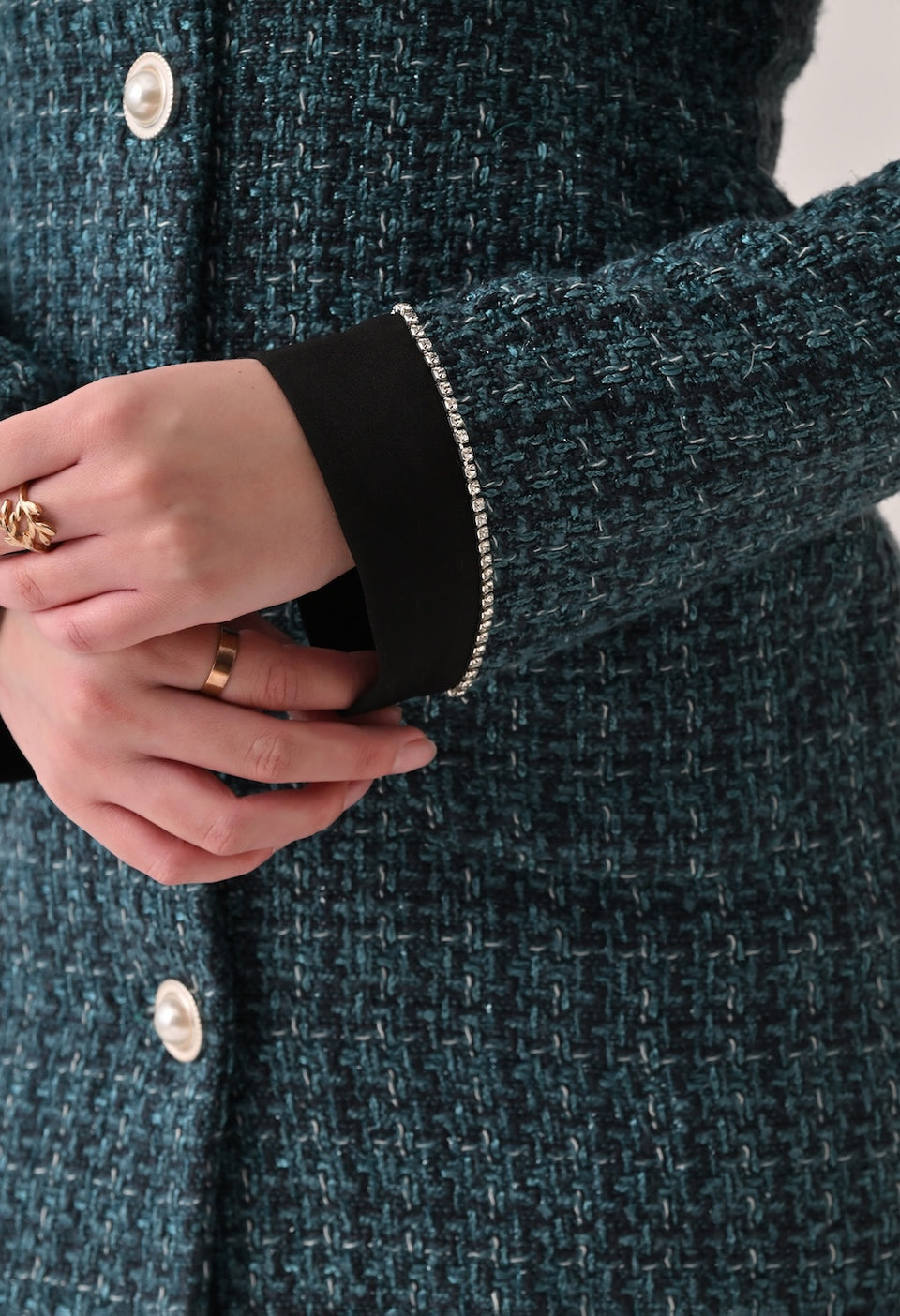 Green tweed blazer dress with contrasting black collar and cuffs