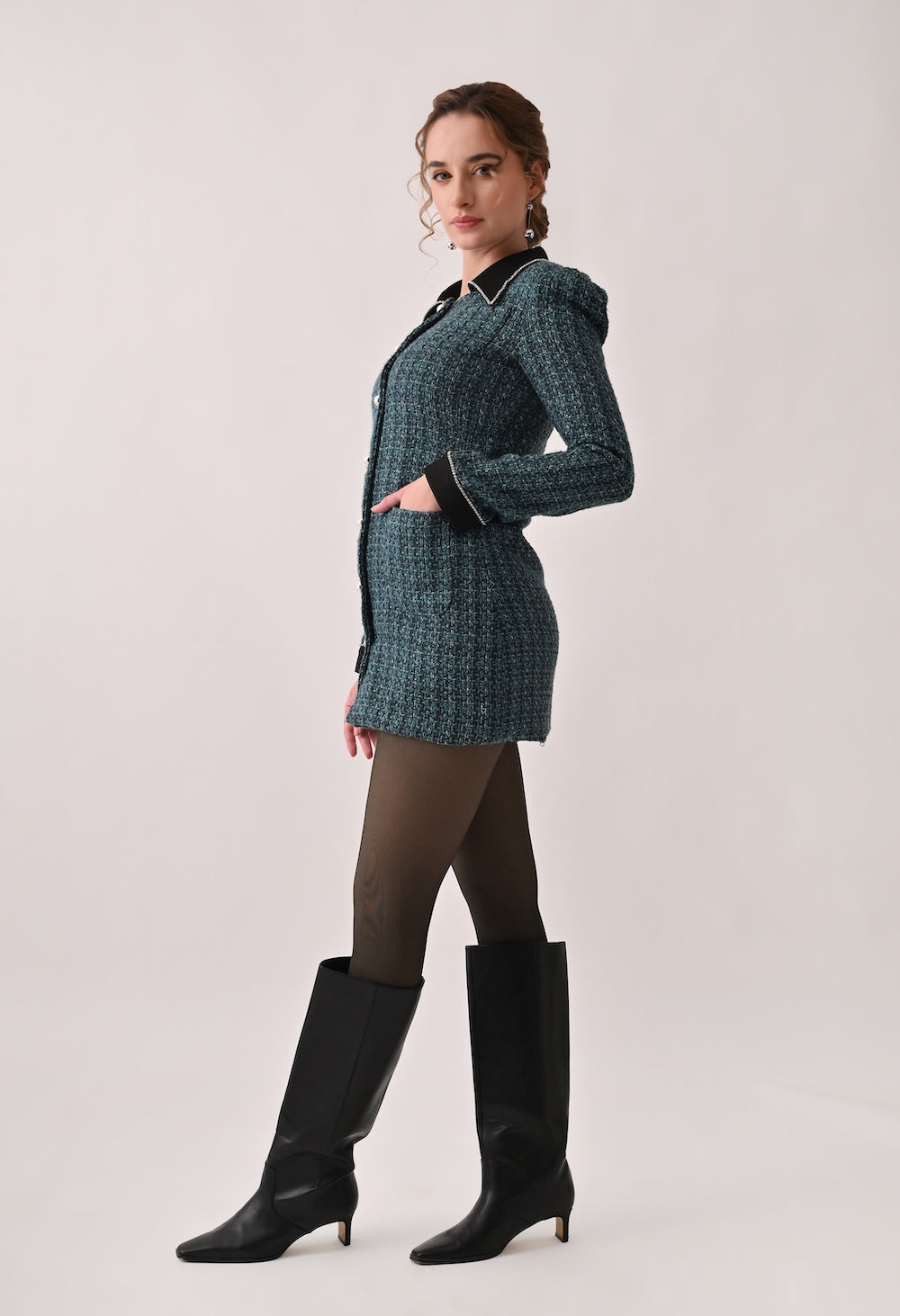 Green tweed blazer dress with contrasting black collar and cuffs