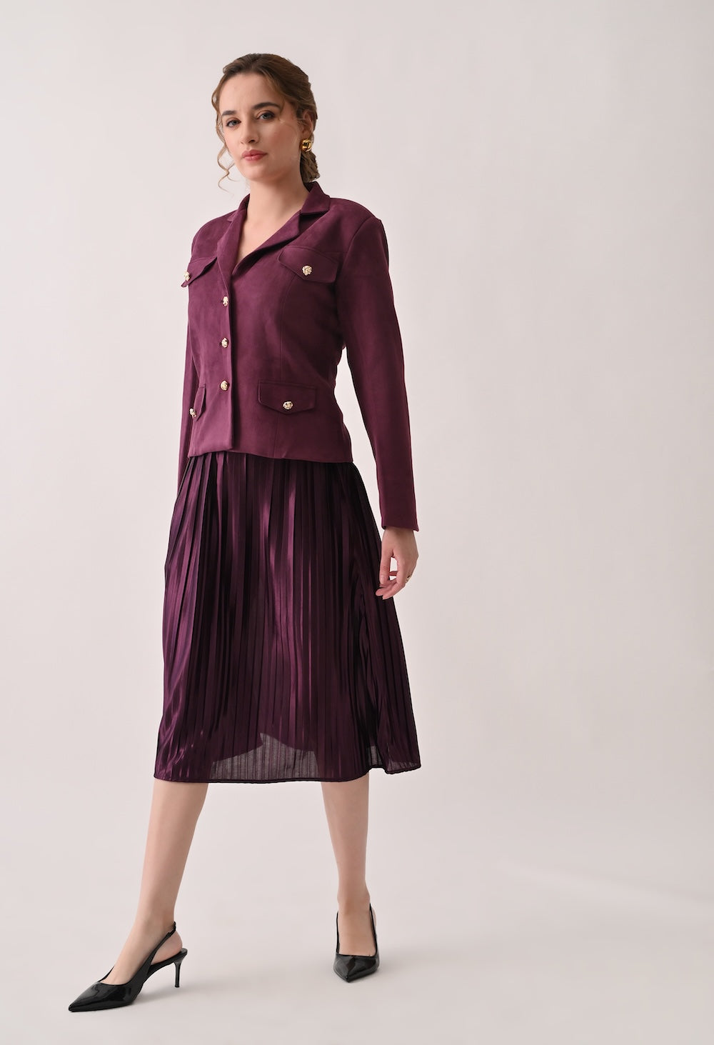 Chic burgundy skirt and blazer set