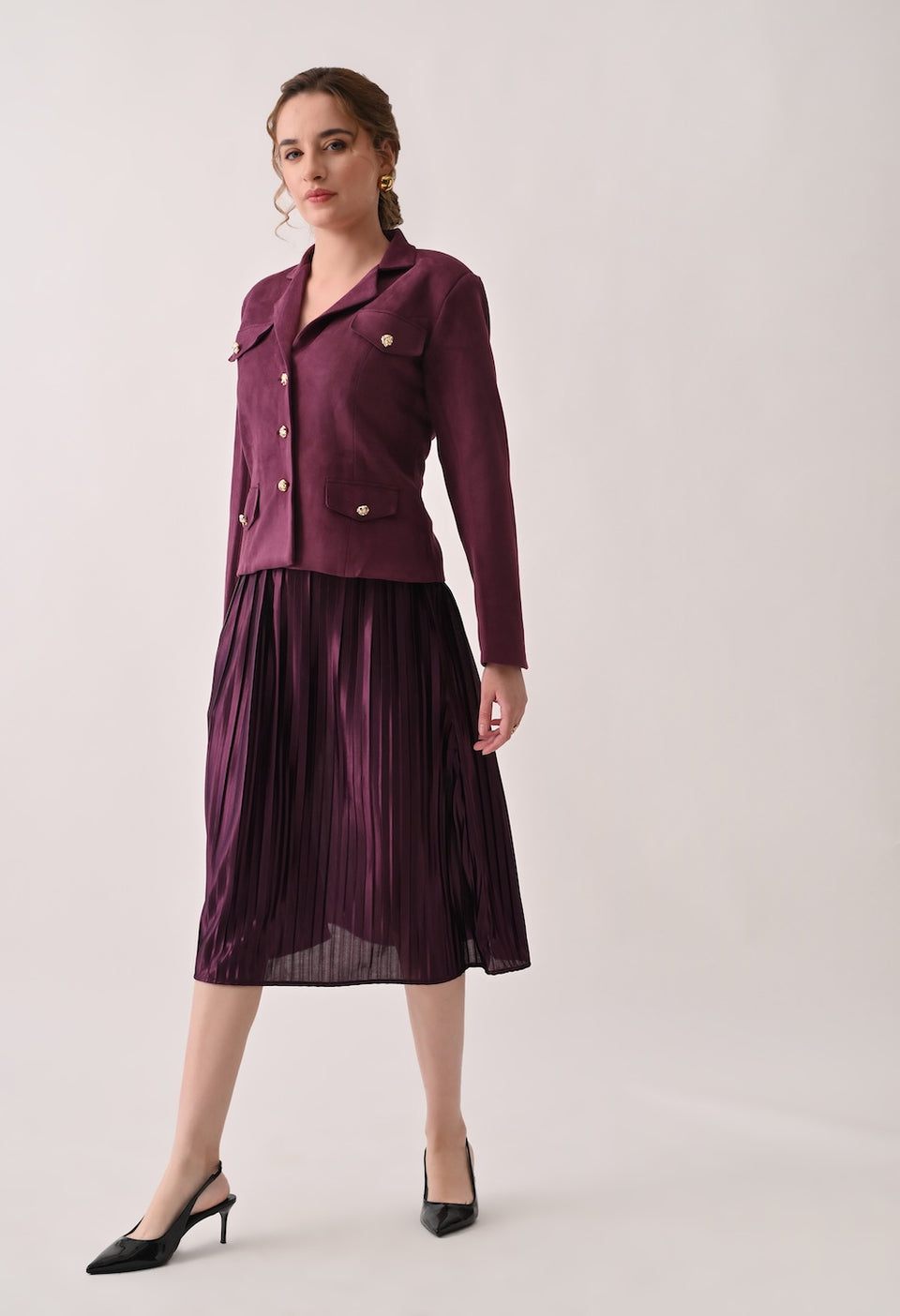 Chic burgundy skirt and blazer set