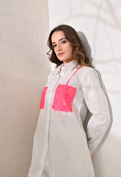Neon pink sequence patch pockets shirt dress