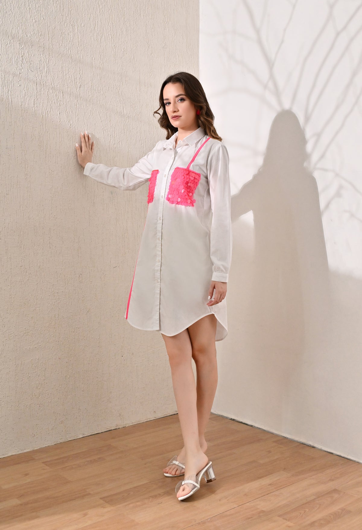 Neon pink sequence patch pockets shirt dress