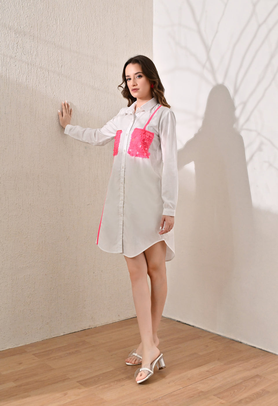 Neon pink sequence patch pockets shirt dress