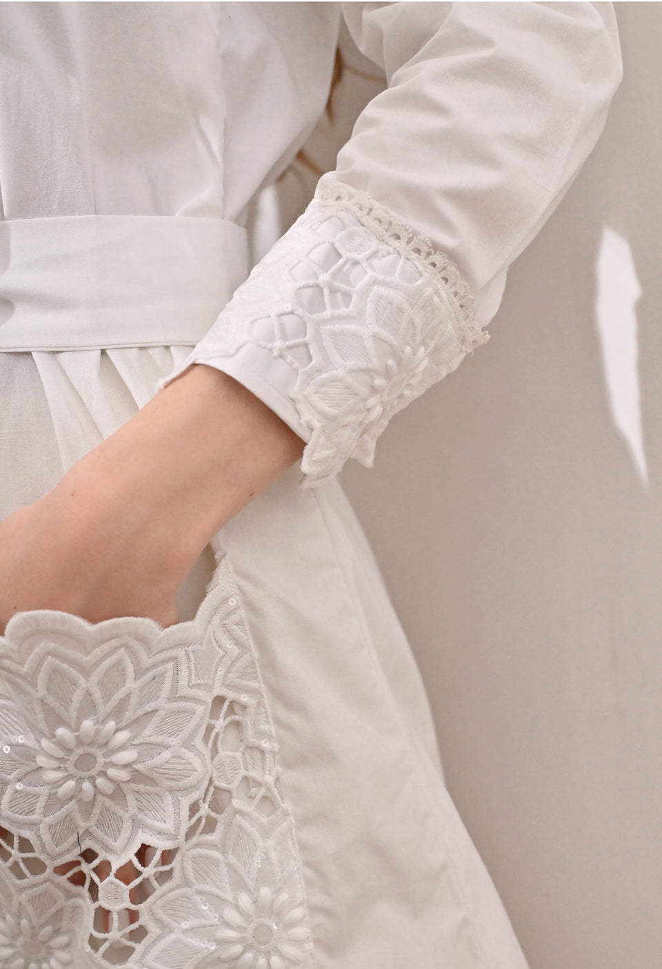 White Lace patch pockets dress with belt
