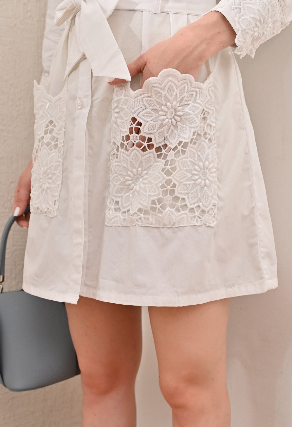 White Lace patch pockets dress with belt