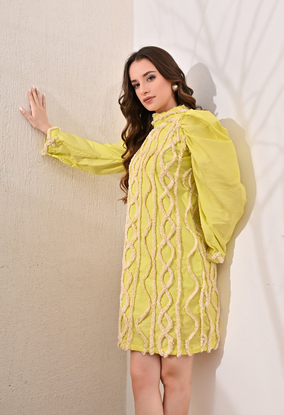 Yellow Patterned Puffed Sleeves dress