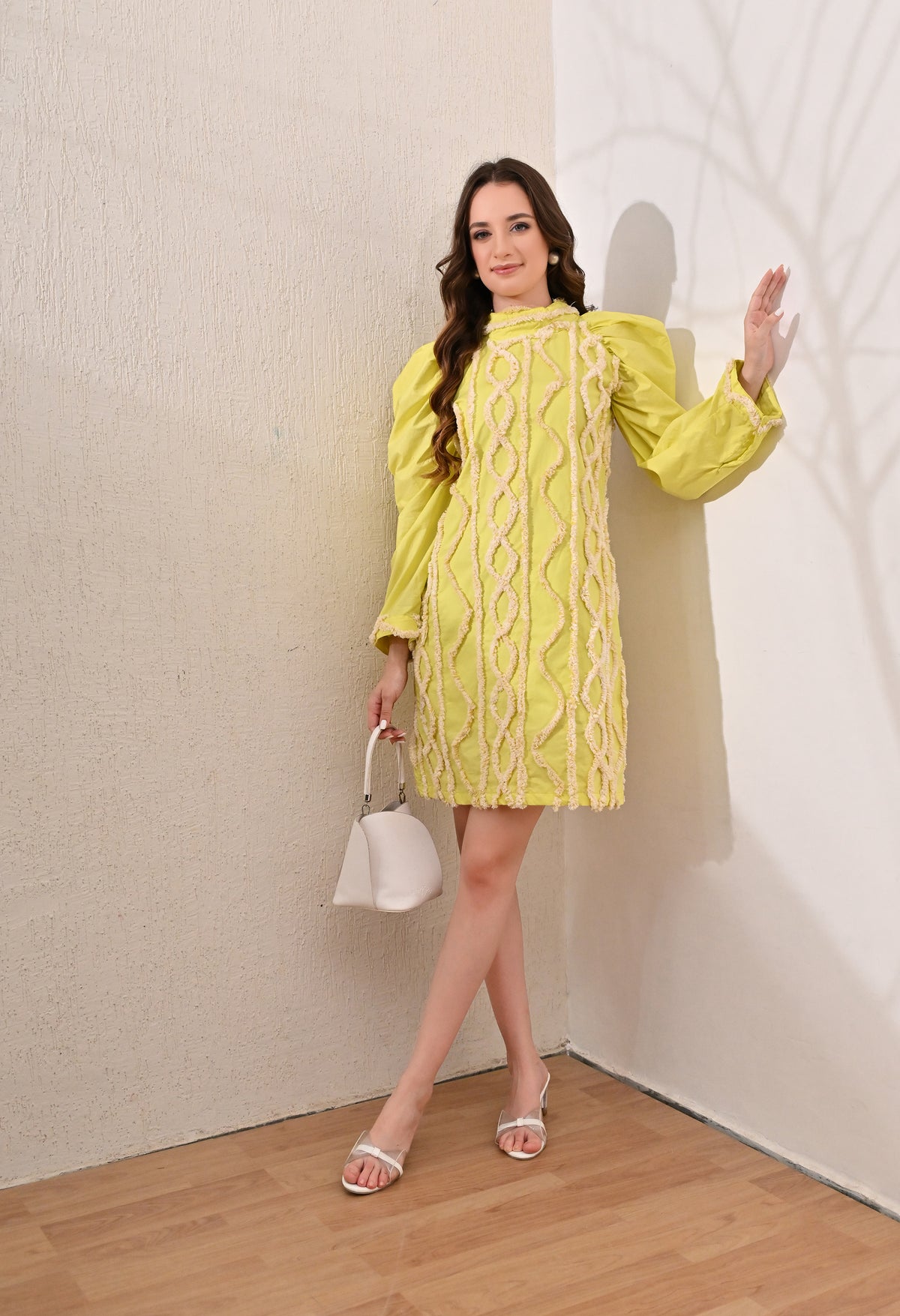 Yellow Patterned Puffed Sleeves dress