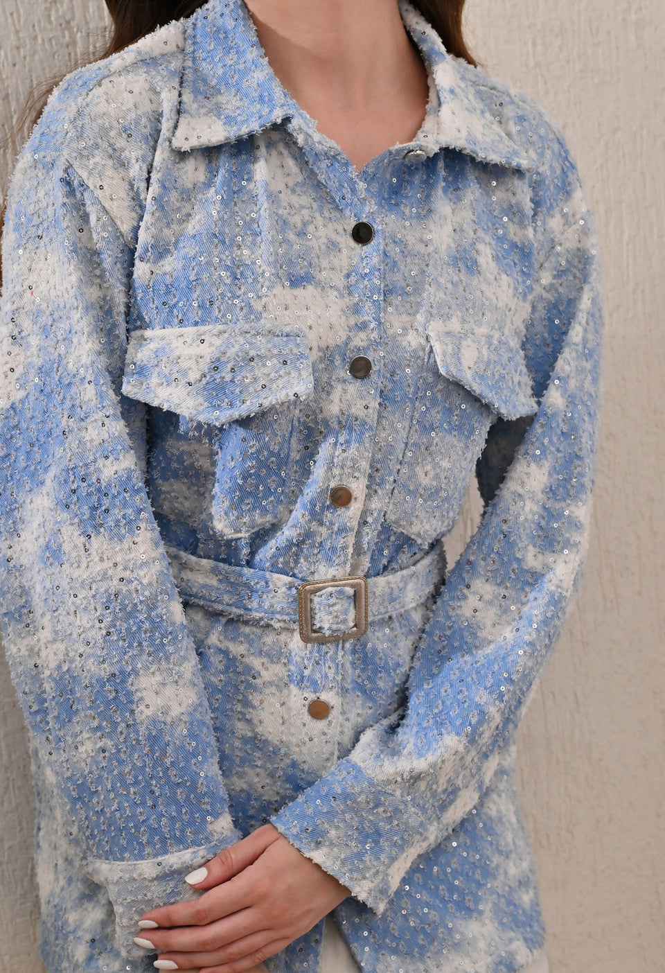 Blue and White denim jacket with belt