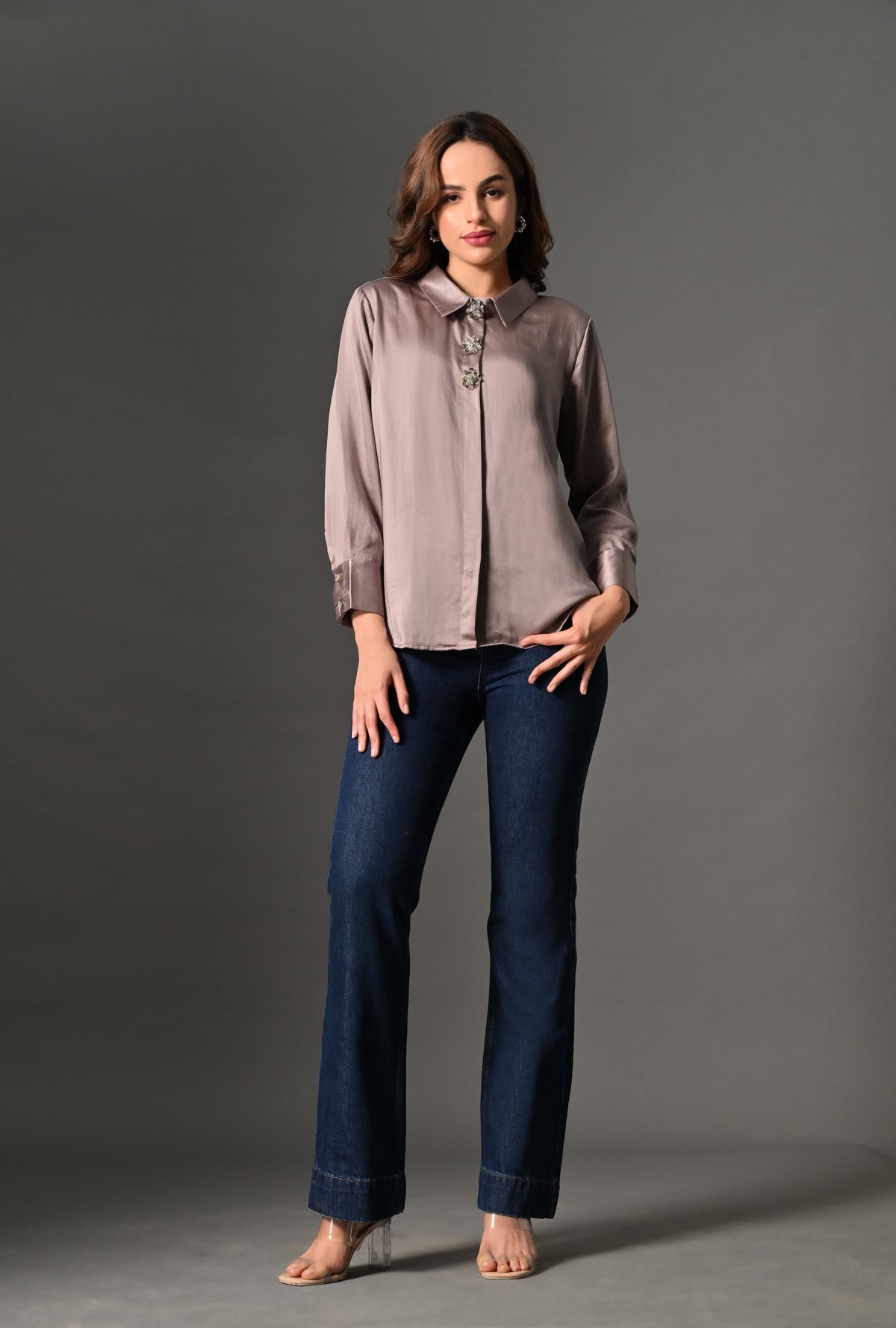 Light mocha shirt with crystal buttons