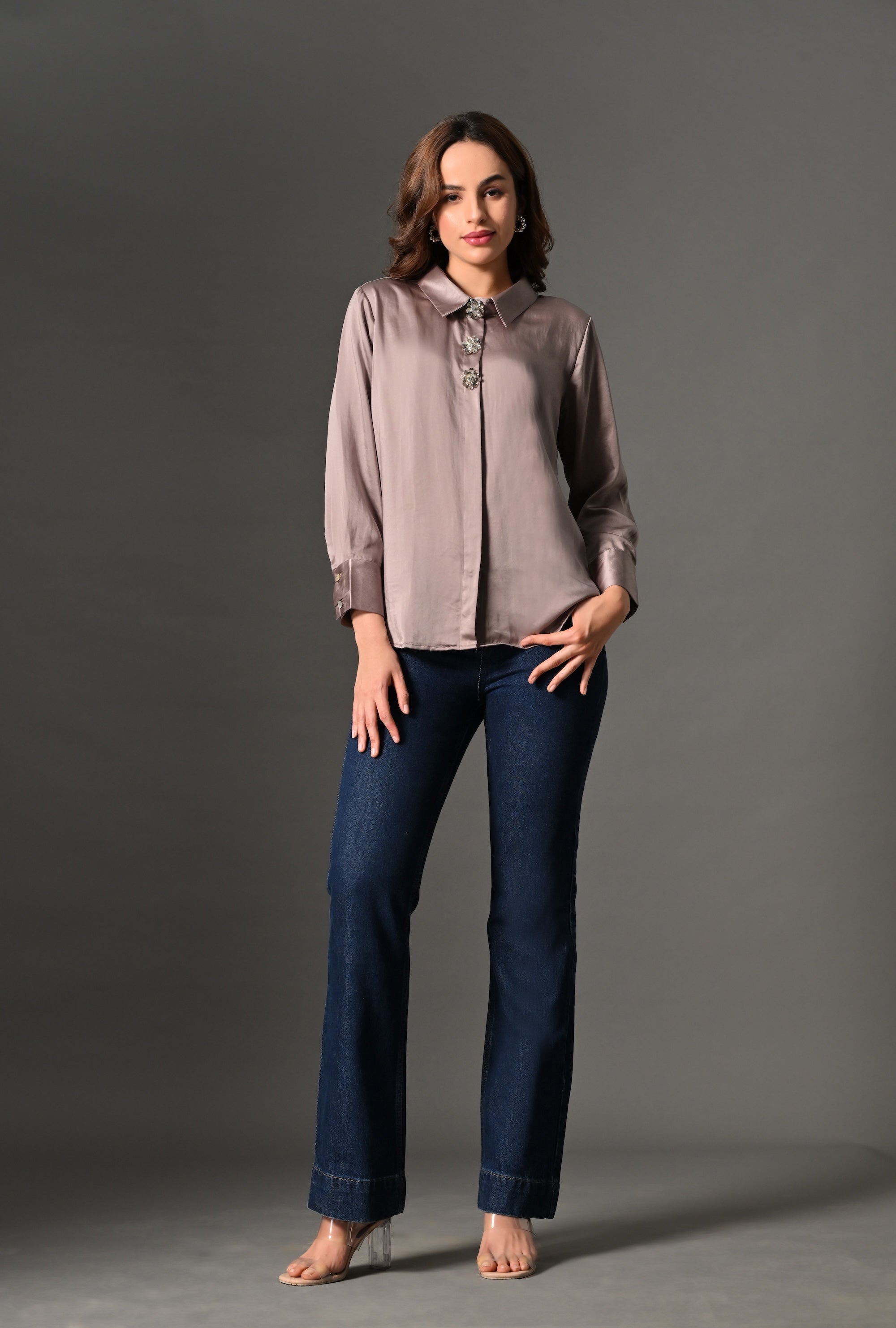 Light mocha shirt with crystal buttons