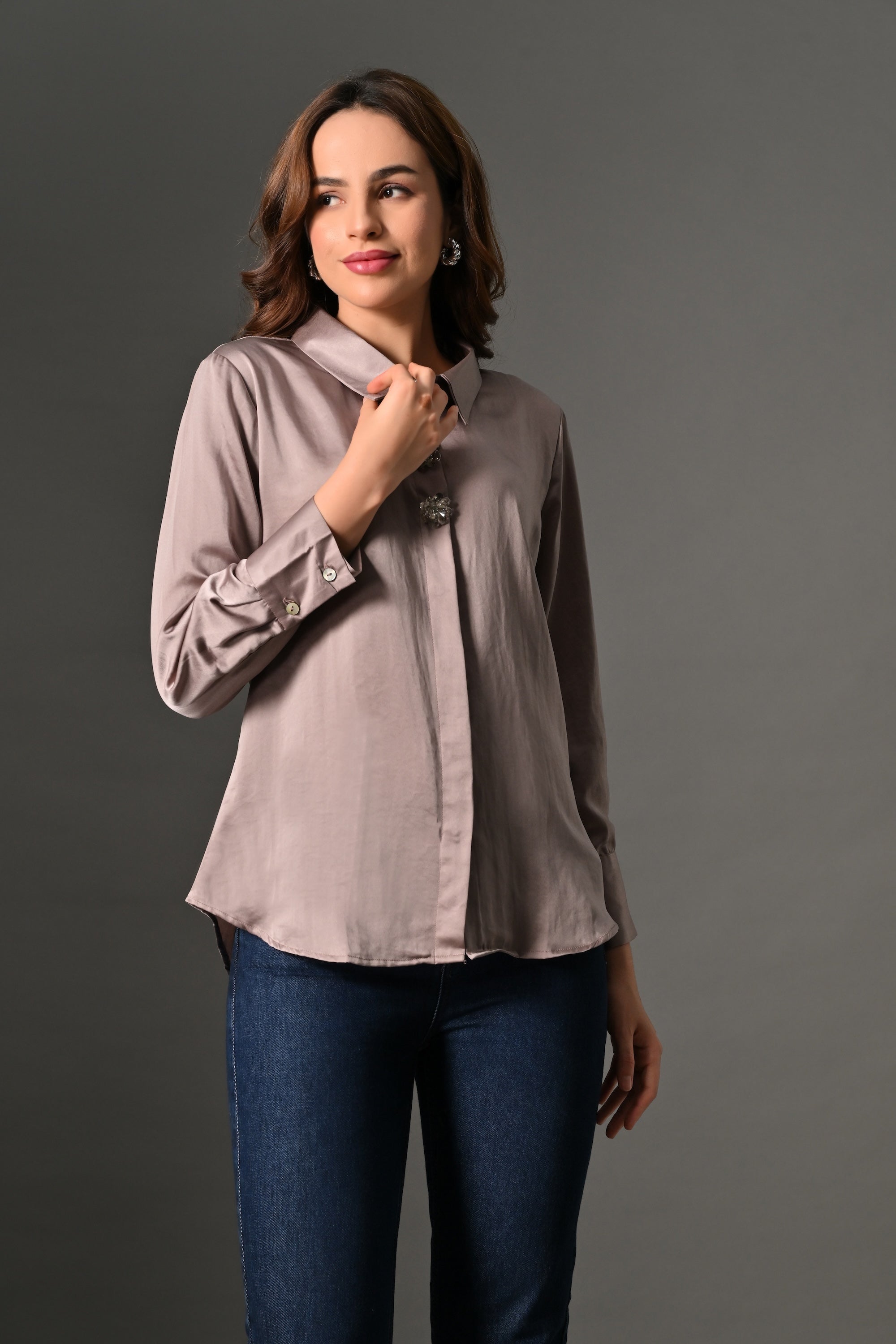 Light mocha shirt with crystal buttons