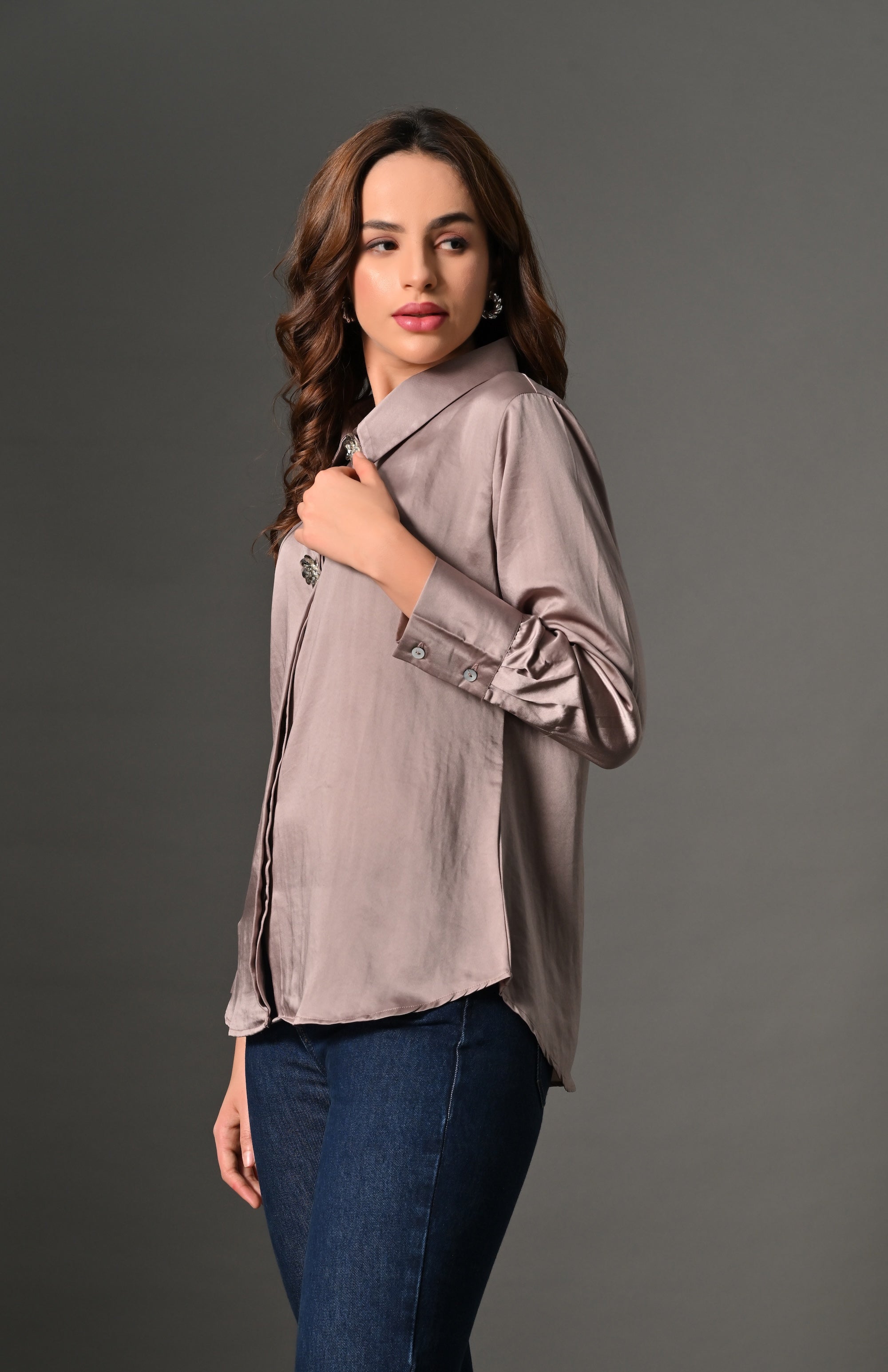 Light mocha shirt with crystal buttons