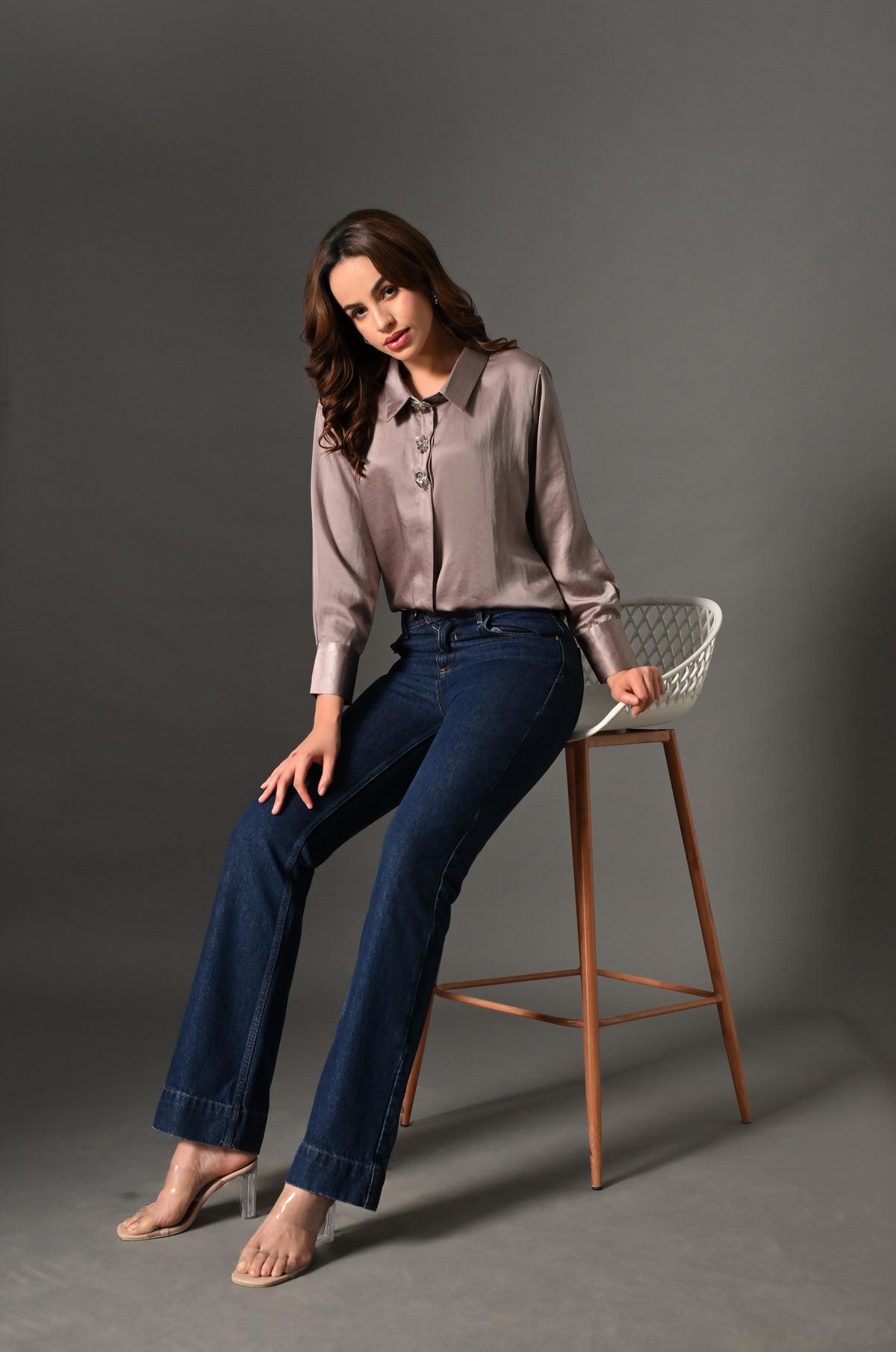 Light mocha shirt with crystal buttons